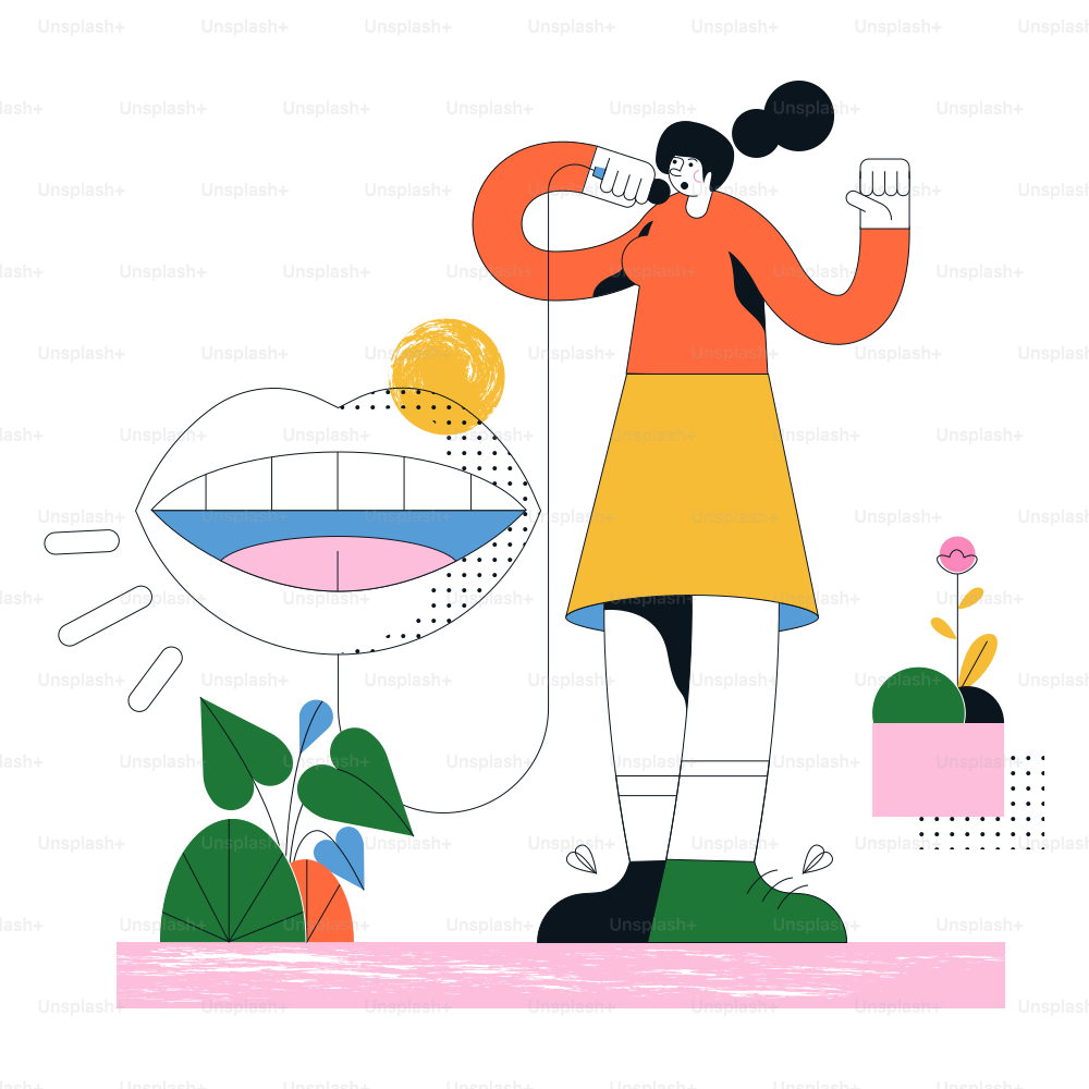 Mulher falando em um microfone com gráfico de boca grande