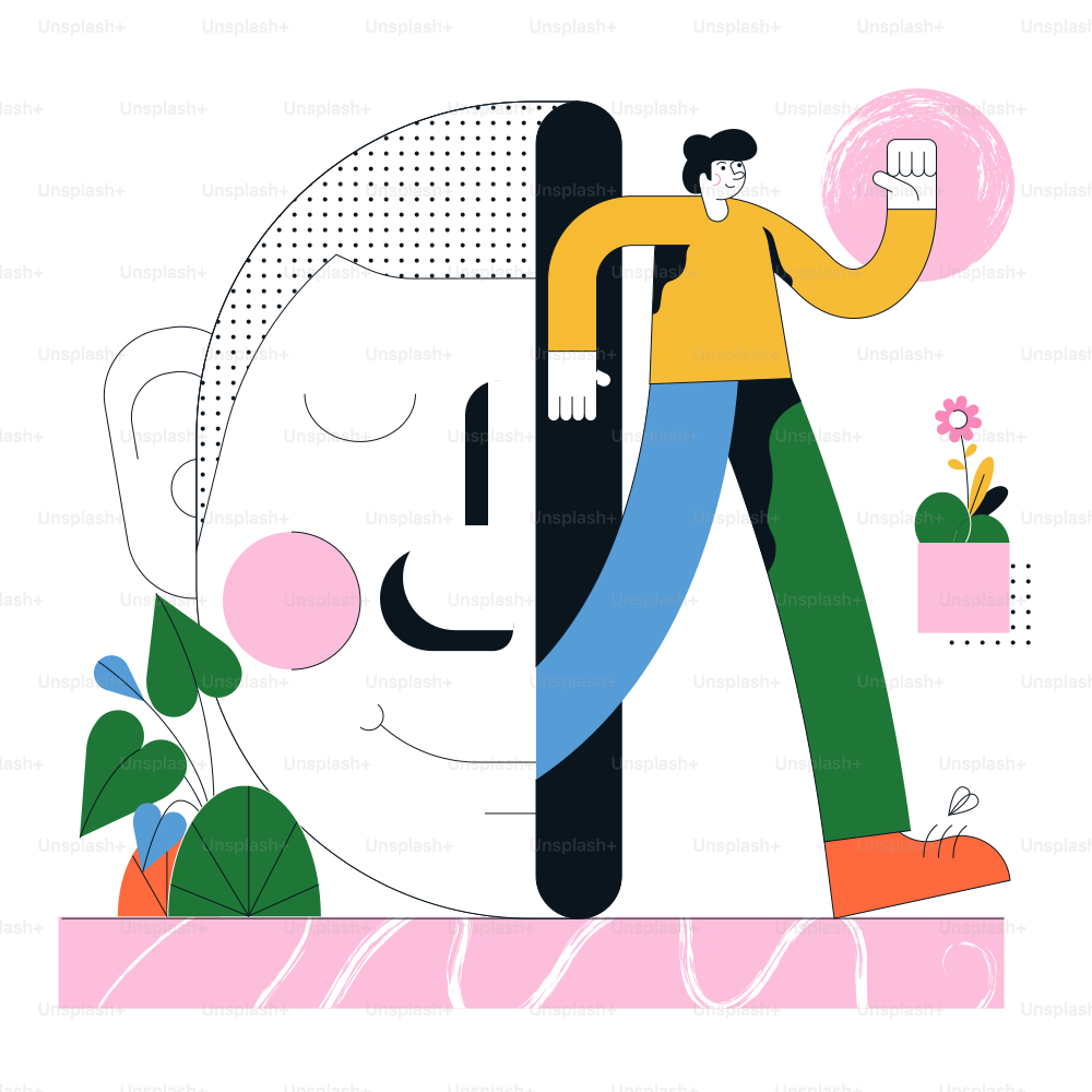 Person walks through a giant head illustration.
