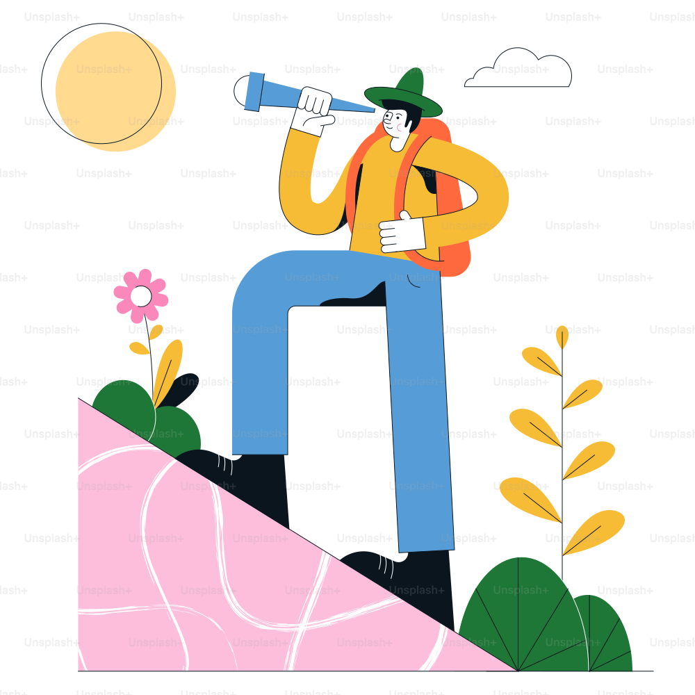 Man with backpack looking through telescope on hill.