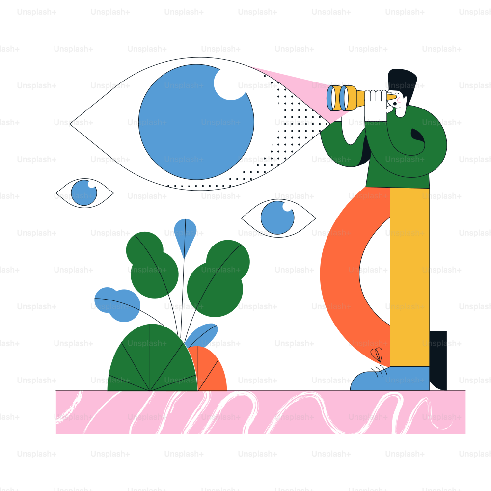 Man looking through telescope at large eye