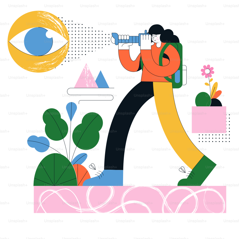 Person with backpack looking through binoculars at an eye.