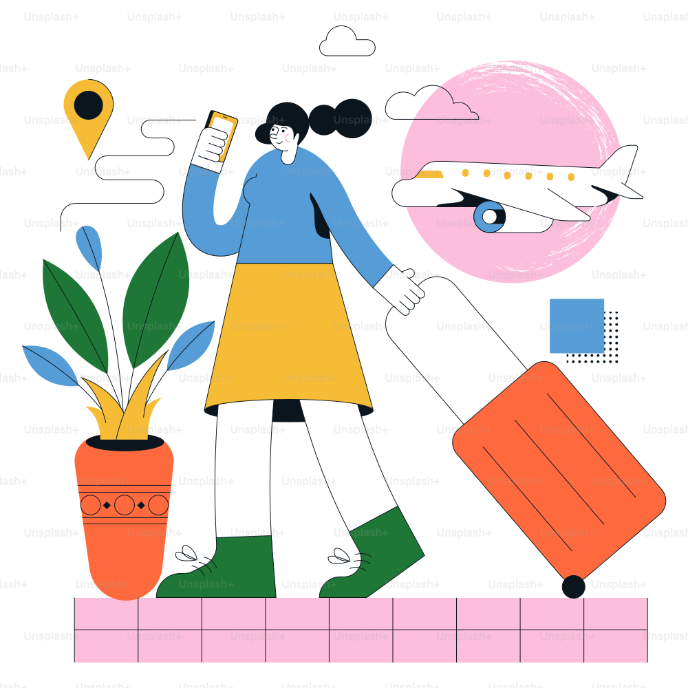 Femme avec une valise et un téléphone, avion en arrière-plan.