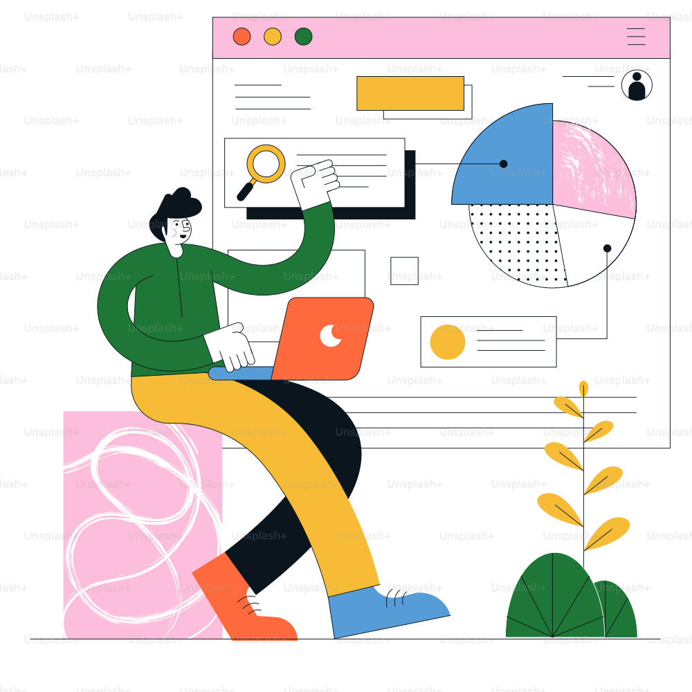 Man working on laptop with data analytics chart. vector – Technology ...
