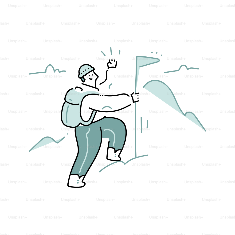 山頂に旗を掲げるハイカー植物