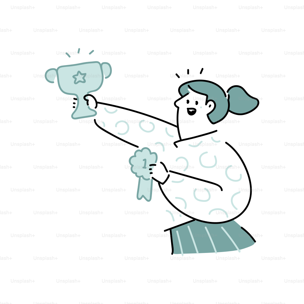 Woman holding a trophy and a first place ribbon