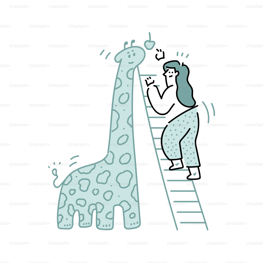 Woman climbs ladder to reach giraffe's head