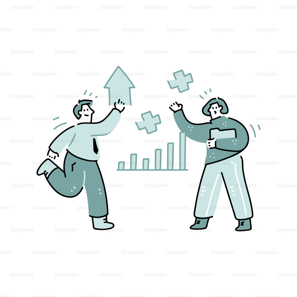Two people celebrating business growth with charts.