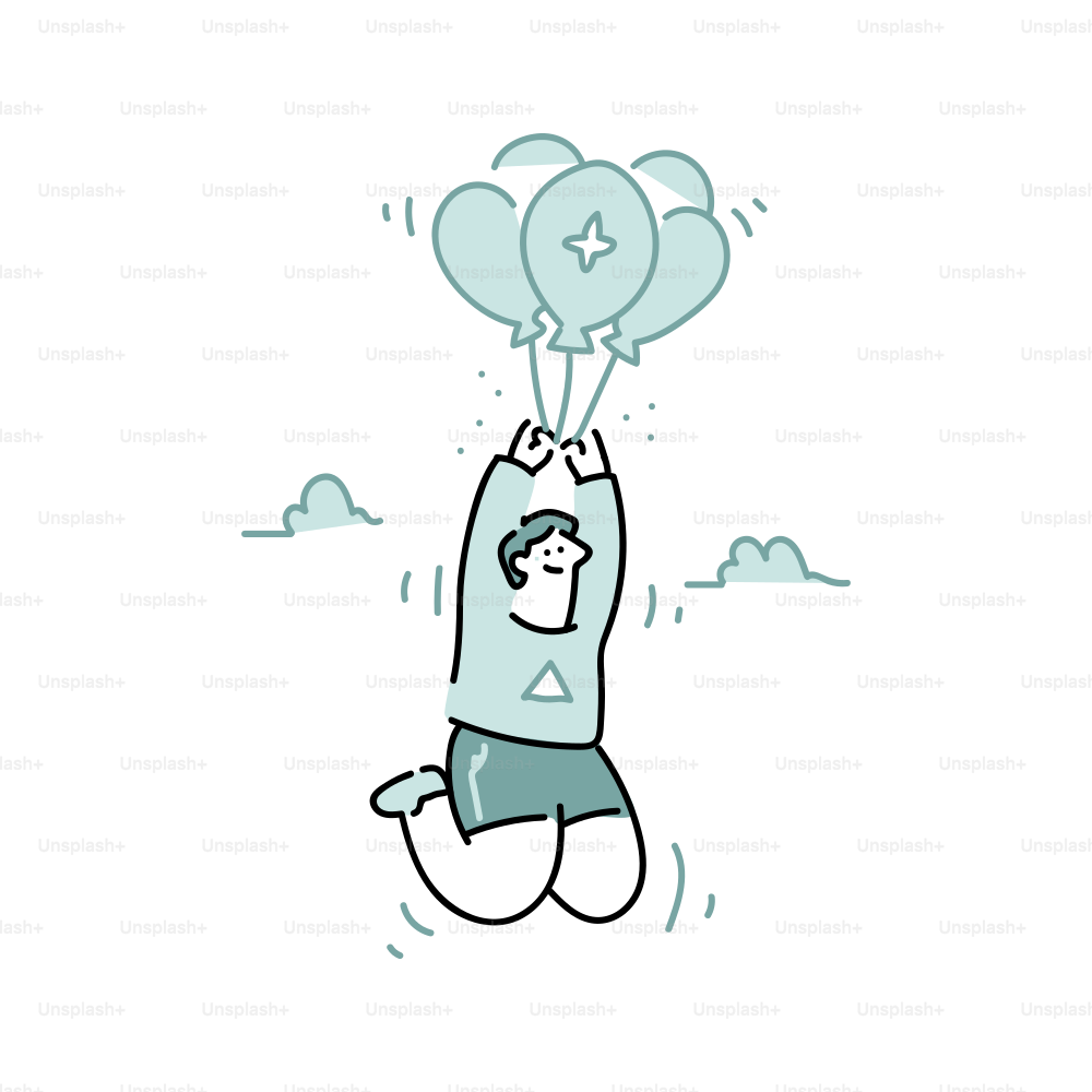Person floating upwards holding balloons