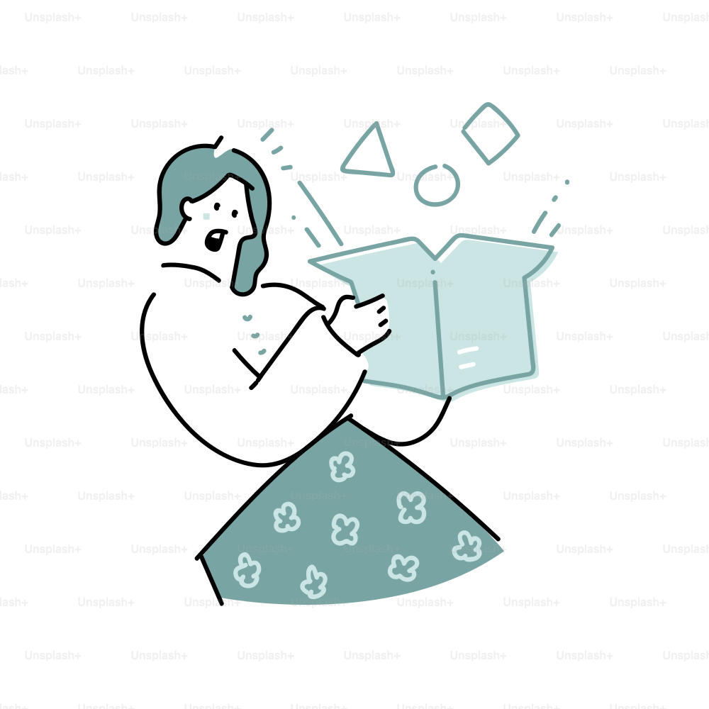 Pessoa surpresa com uma caixa aberta com formas.