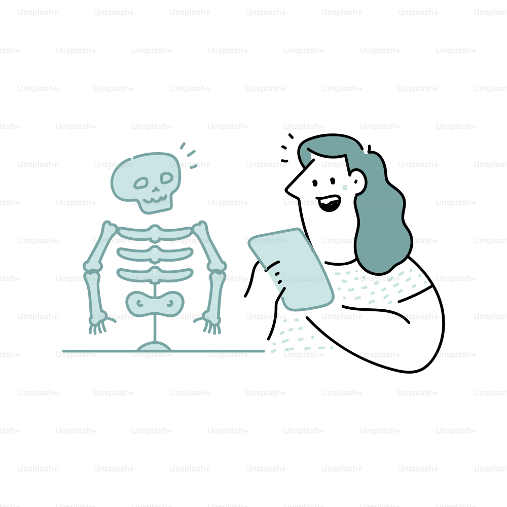 Woman looking at skeleton model on tablet
