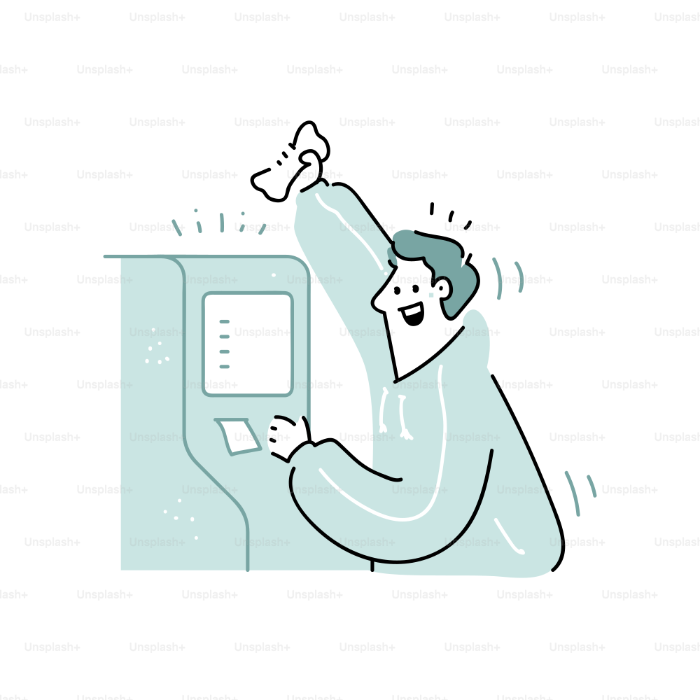 Man celebrating at an atm machine