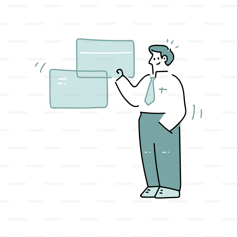 Man in shirt and tie interacting with screens.
