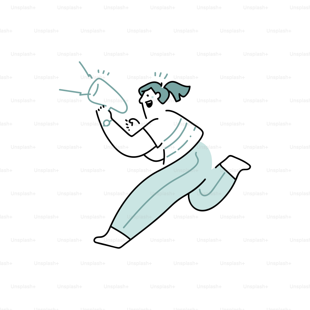 Frau, die mit einem Megafon rennt und ankündigt, dass etwas angekündigt wird