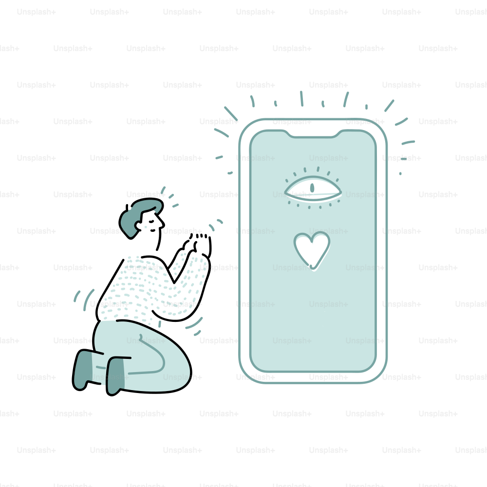 Person praying to a glowing smartphone with eye and heart.