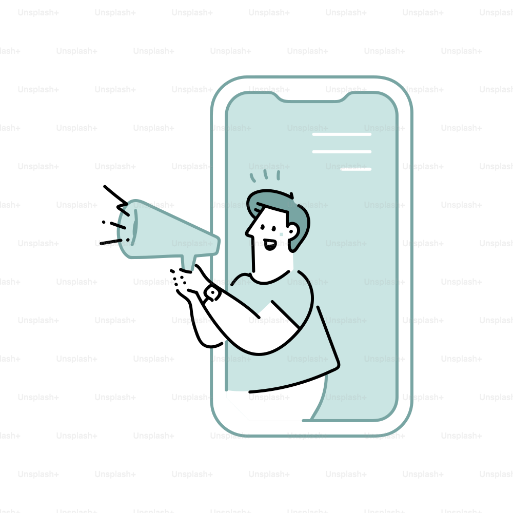 Mann mit Megafon taucht aus dem Smartphone-Bildschirm hervor