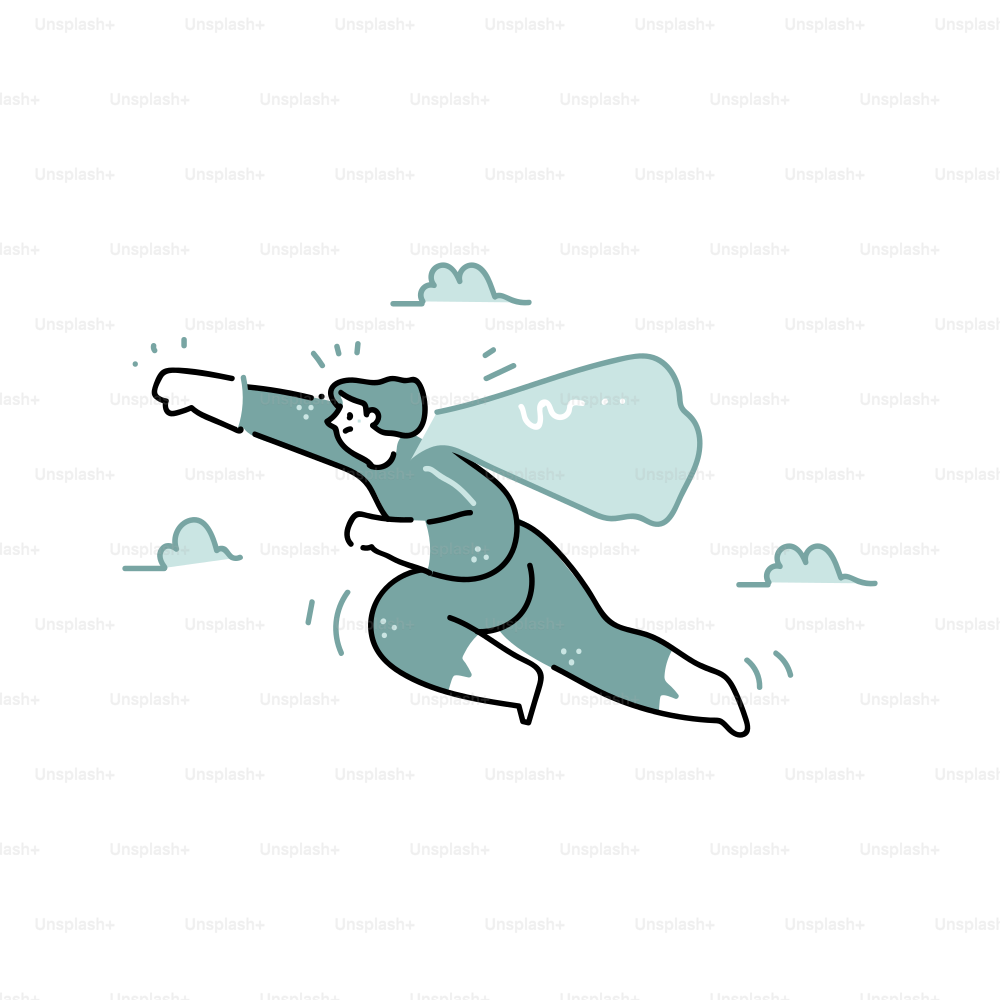 Stylized superhero flying through clouds with cape.