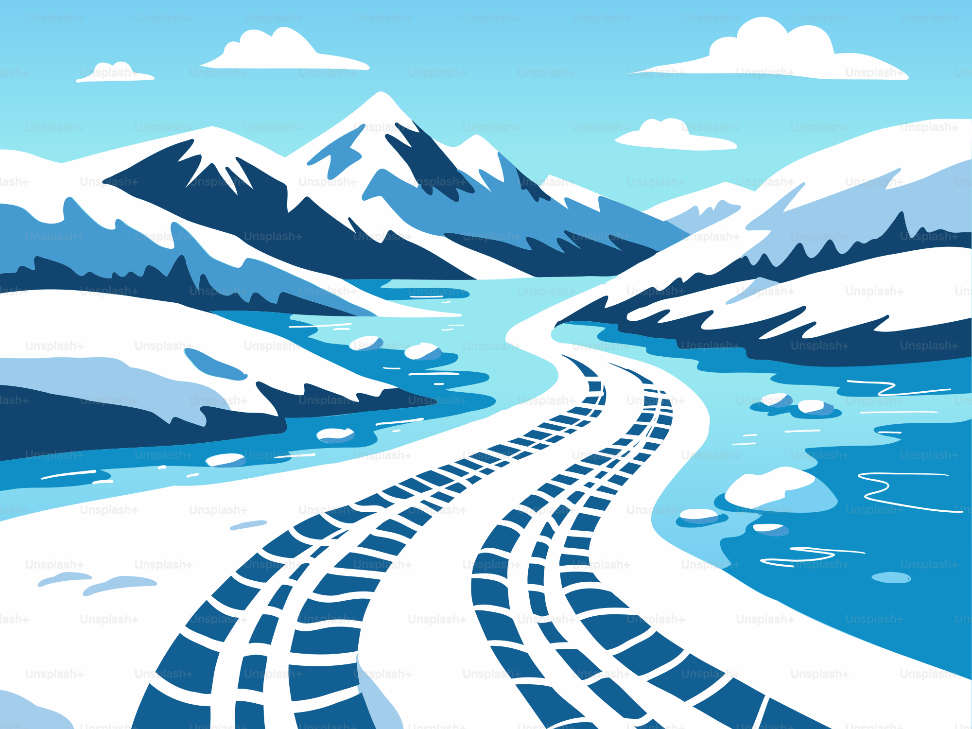 Paisaje montañoso nevado con marcas de neumáticos en la carretera