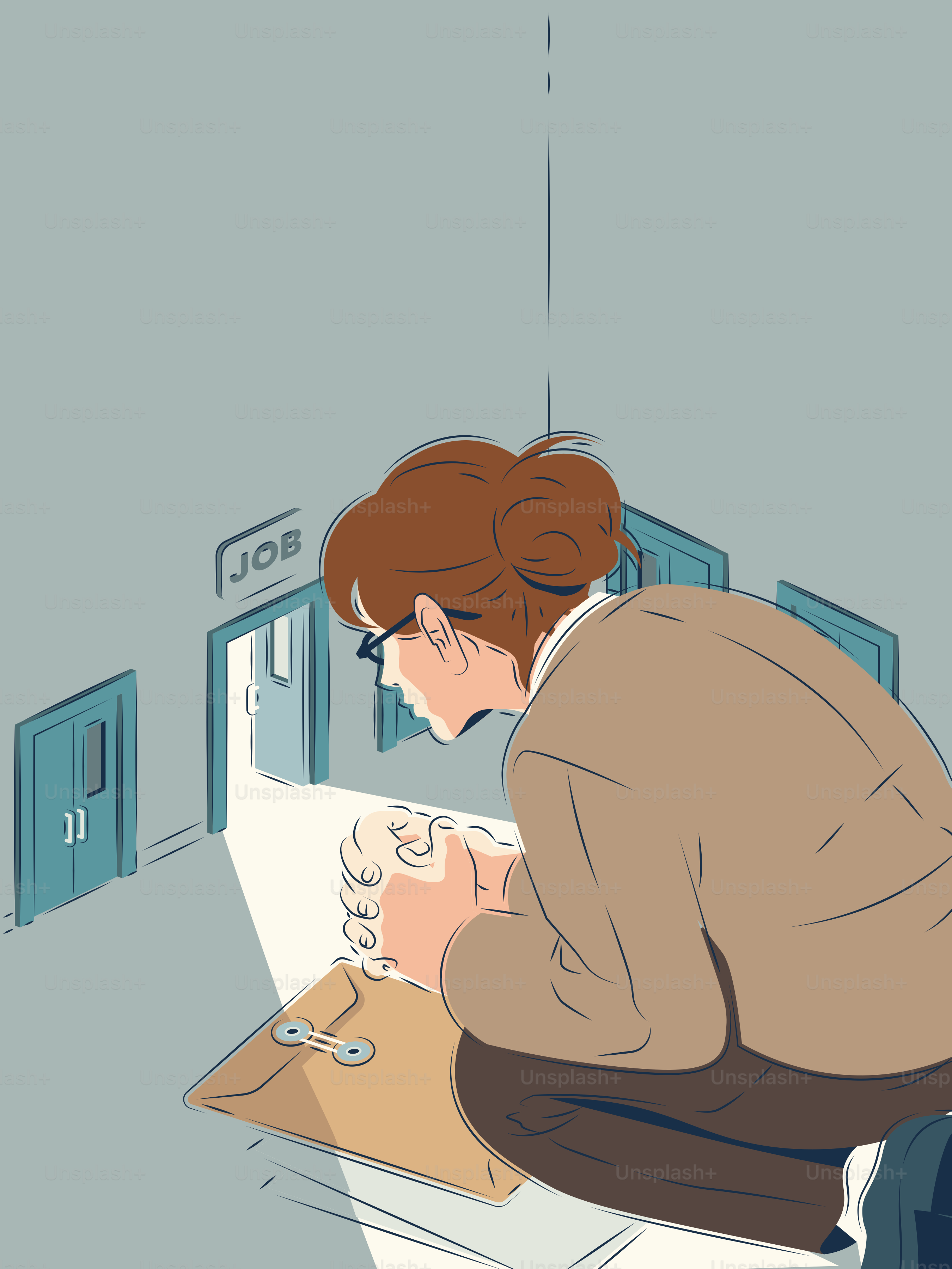 Frau schaut auf offene Tür mit der Aufschrift "Job"