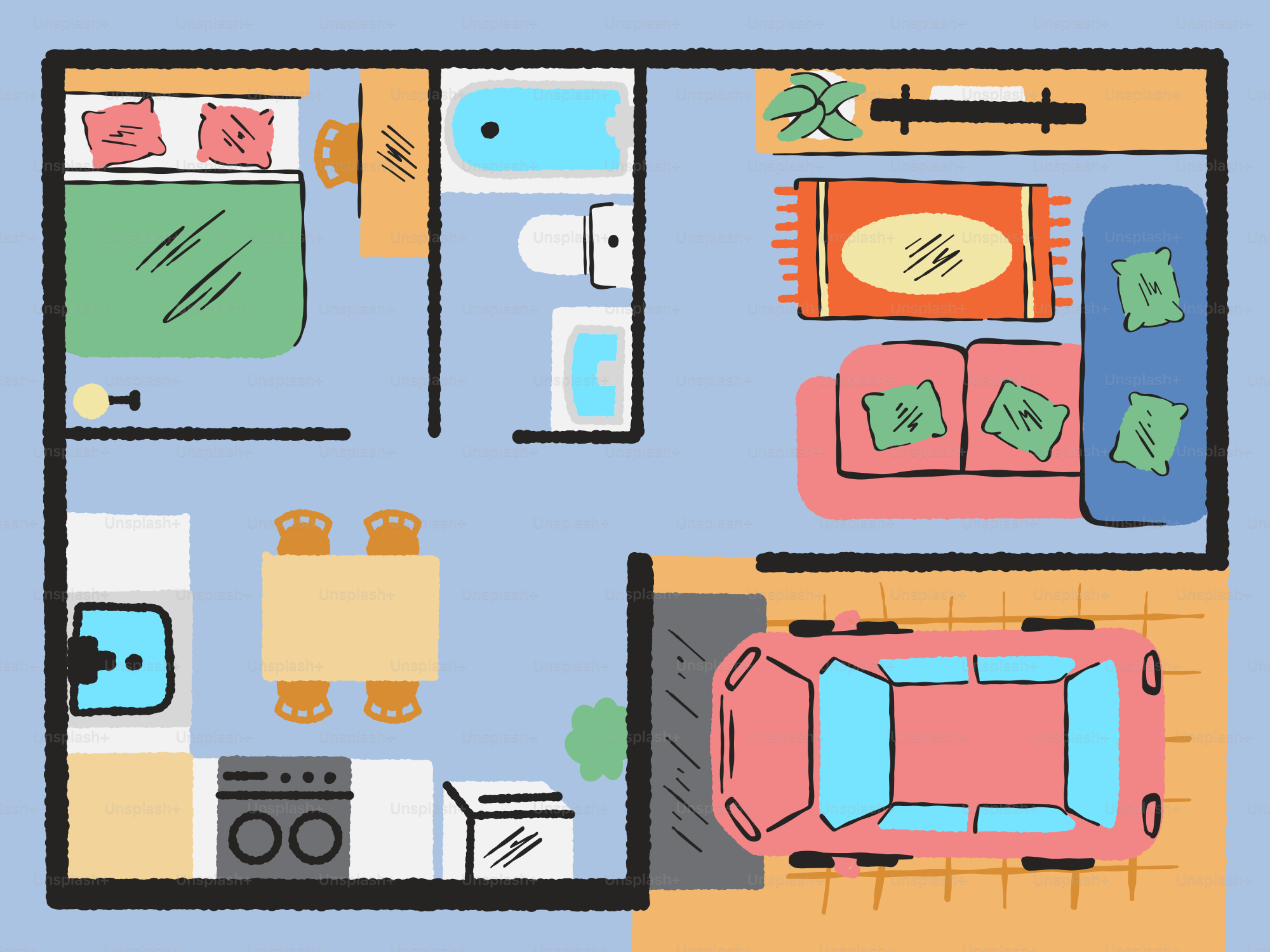 Floor plan of a small apartment with a car.