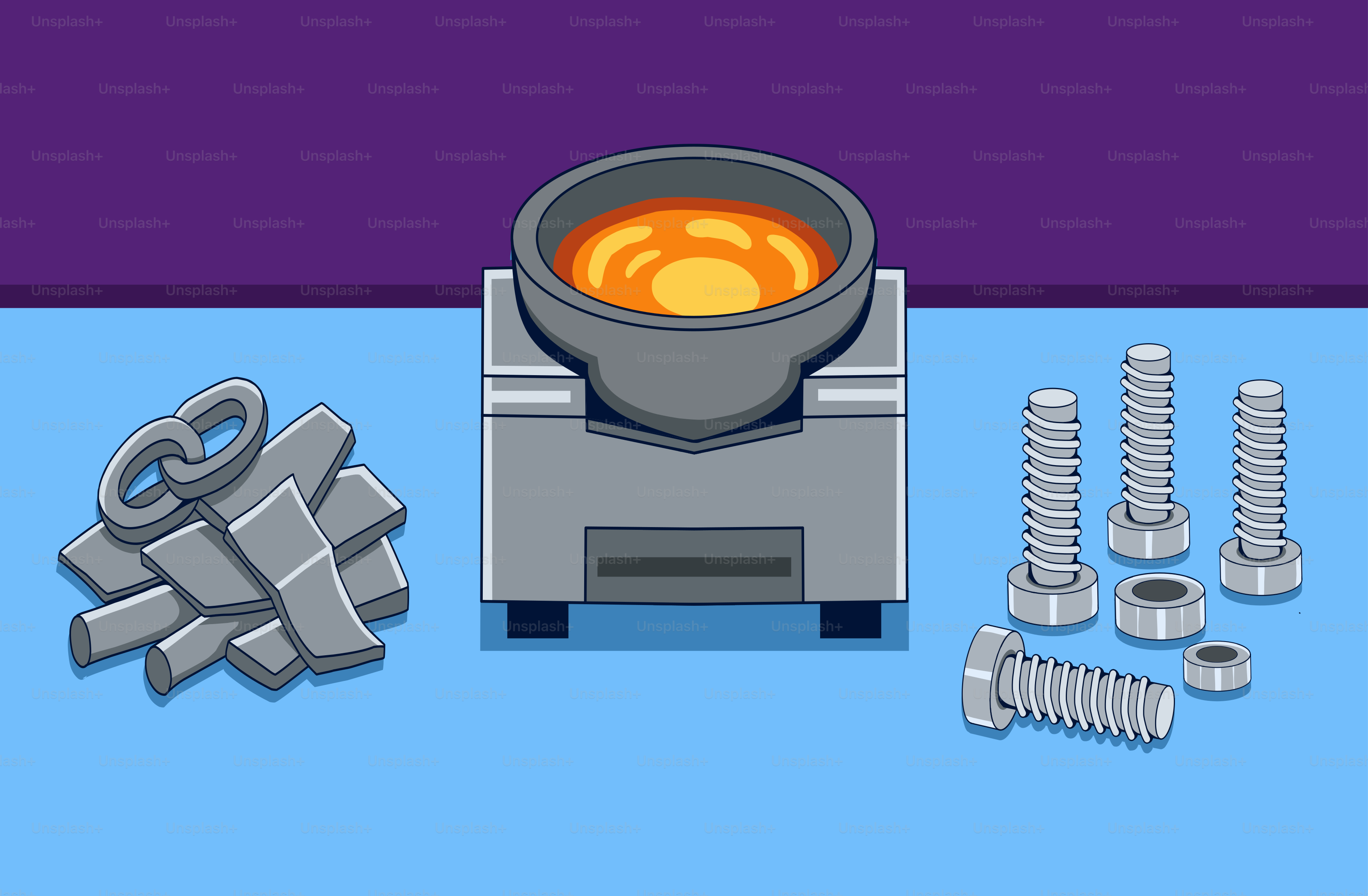 Metal scraps, furnace, and bolts on blue surface