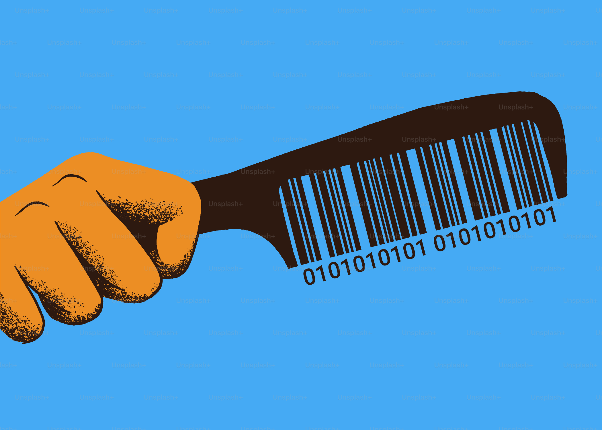 Mano che tiene un pettine con un codice a barre e un codice binario.