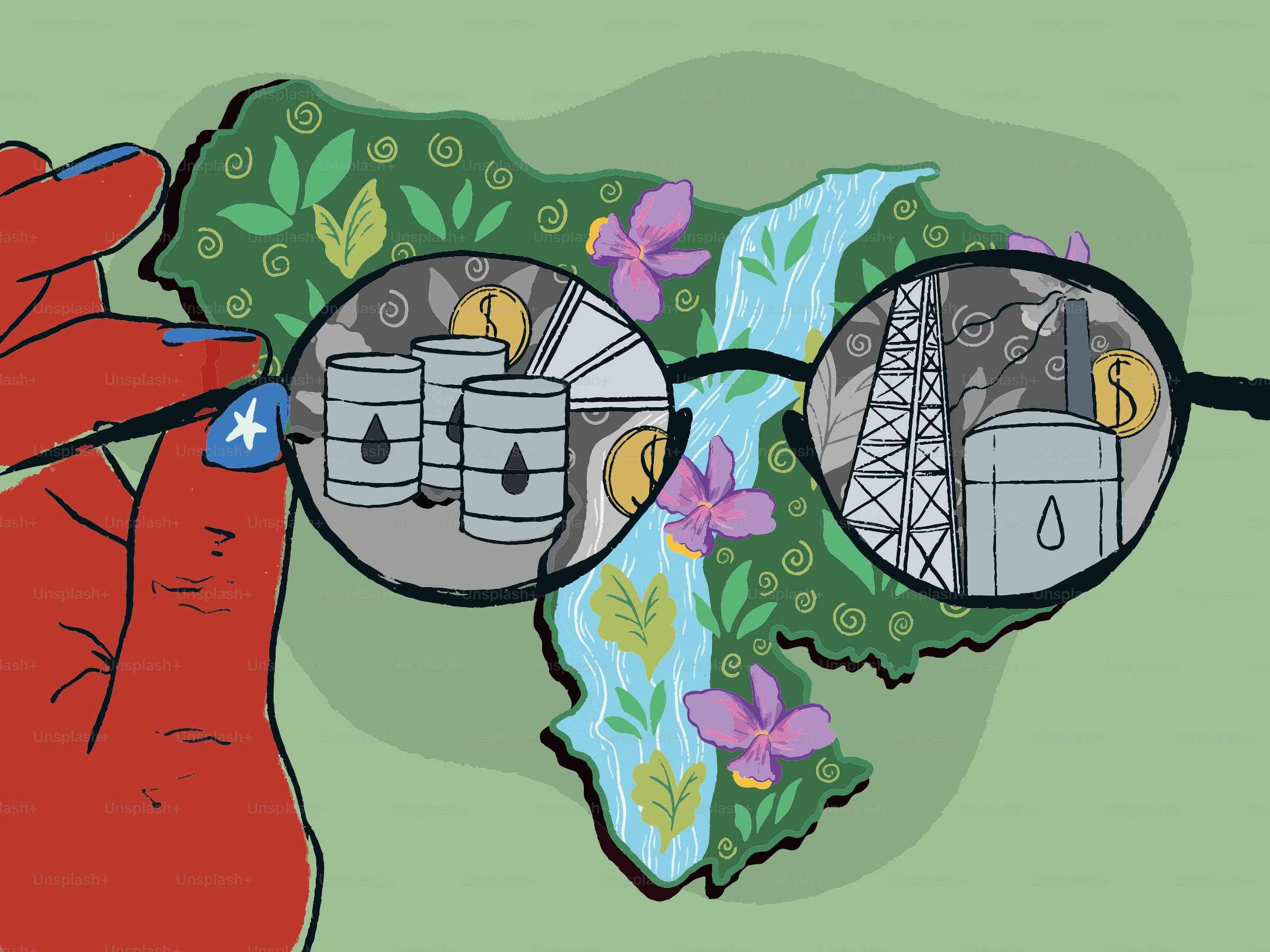 Hand holding glasses showing oil barrels and refinery