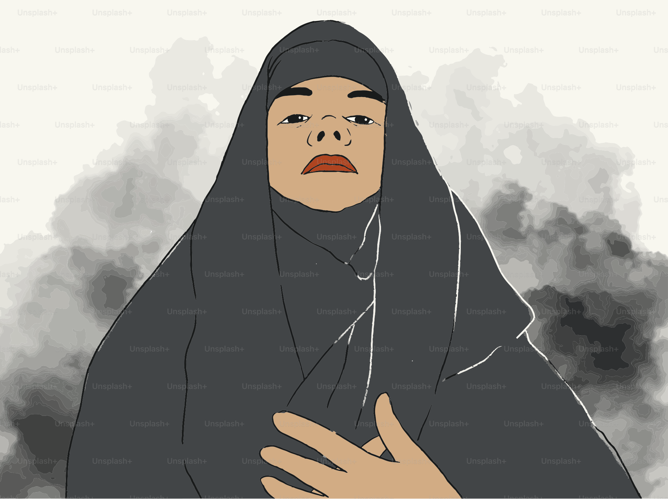 Woman in black hijab with hand on chest.