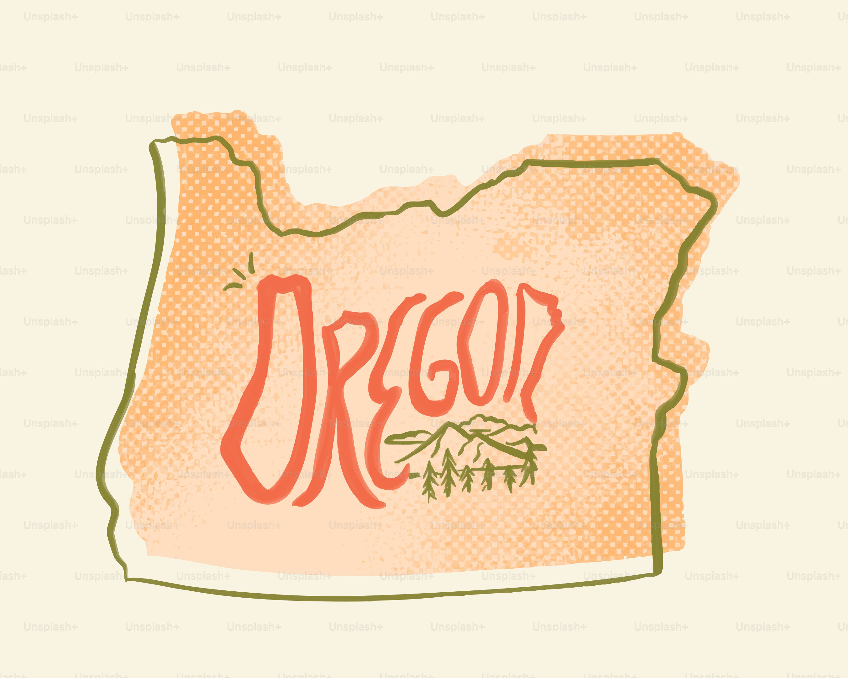 Profilo della mappa dell'Oregon con testo "Oregon" e montagne.