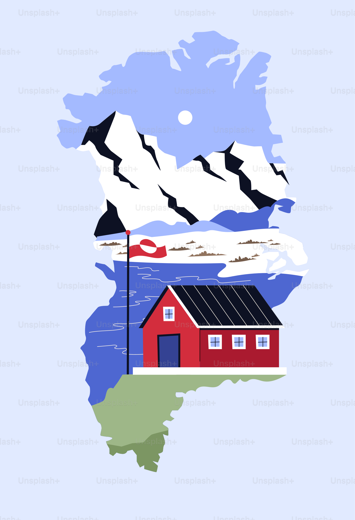 Casa roja con bandera en el paisaje de la isla