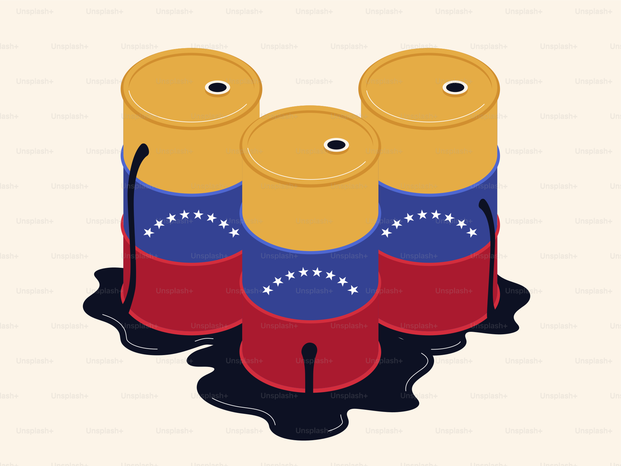 Tres barriles de petróleo con diseño de bandera venezolana