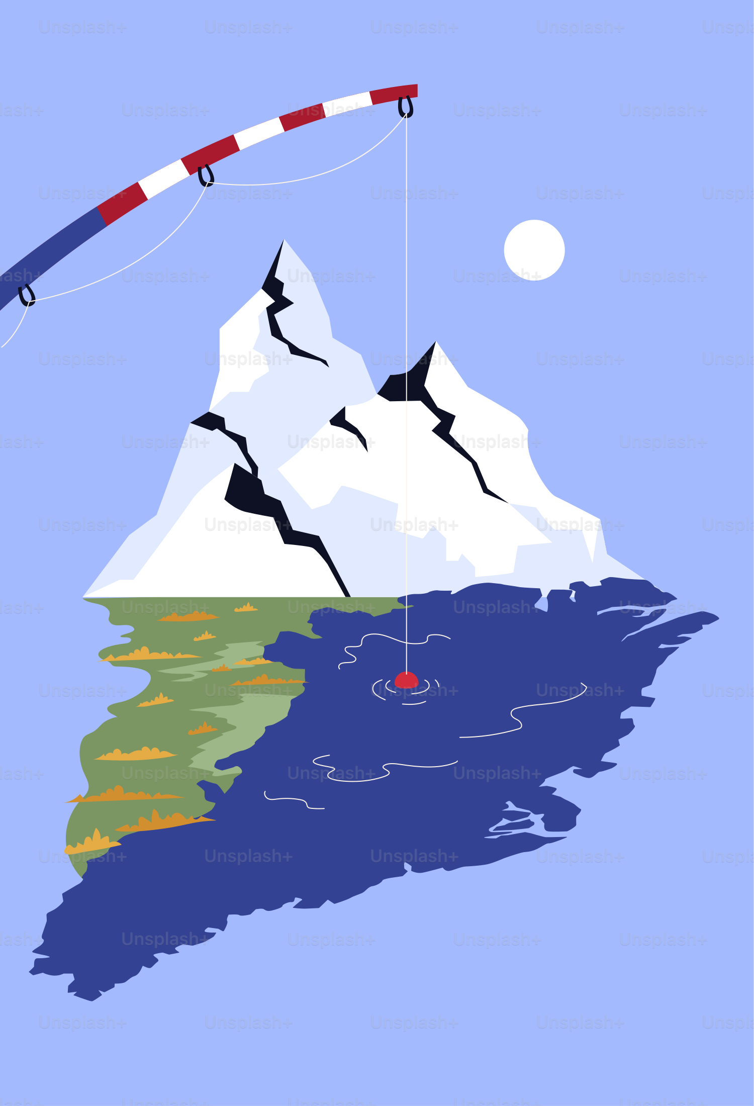 Caña de pescar sobre una isla montañosa en aguas azules.