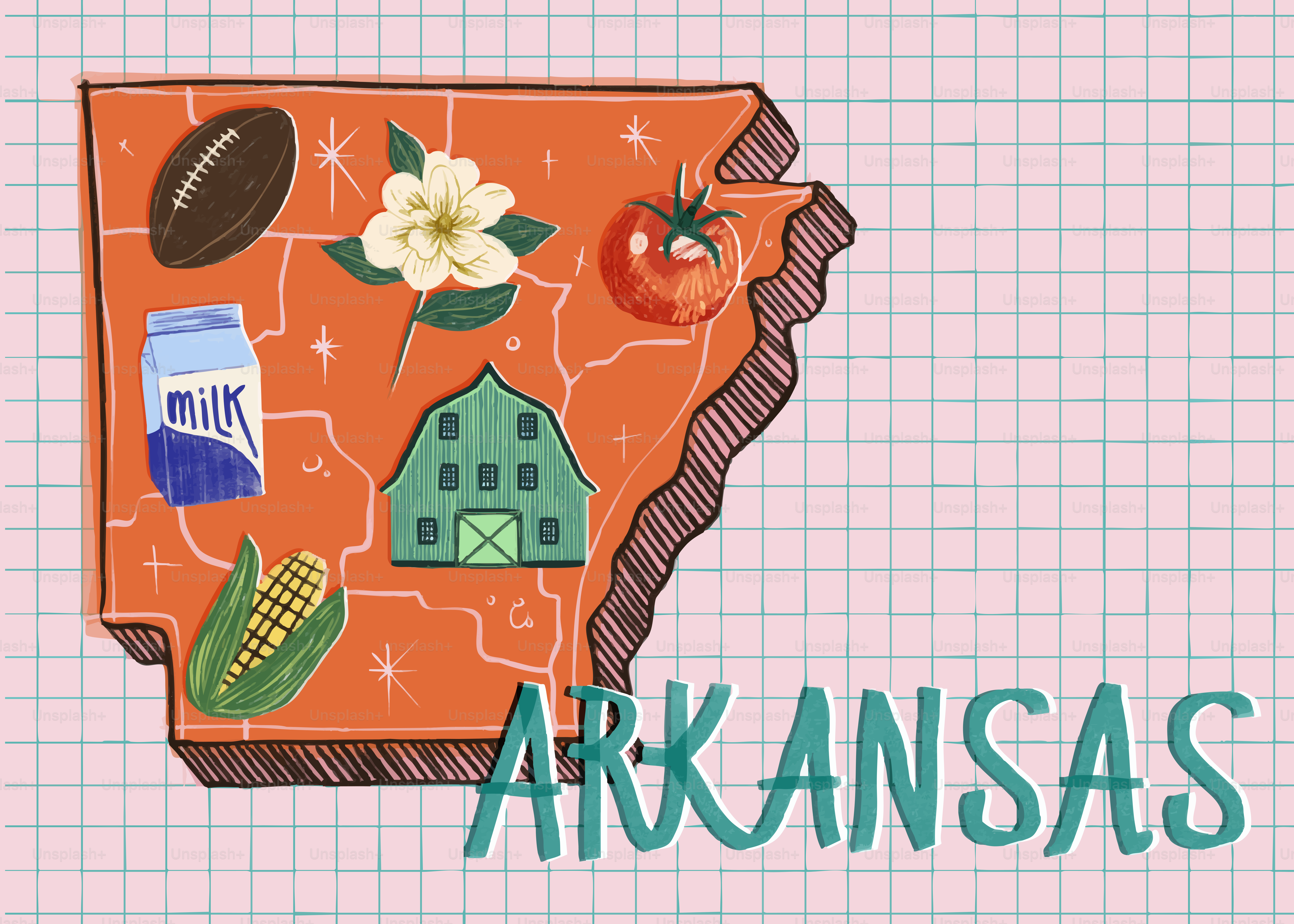 Mapa do Arkansas com símbolos e produtos estaduais.
