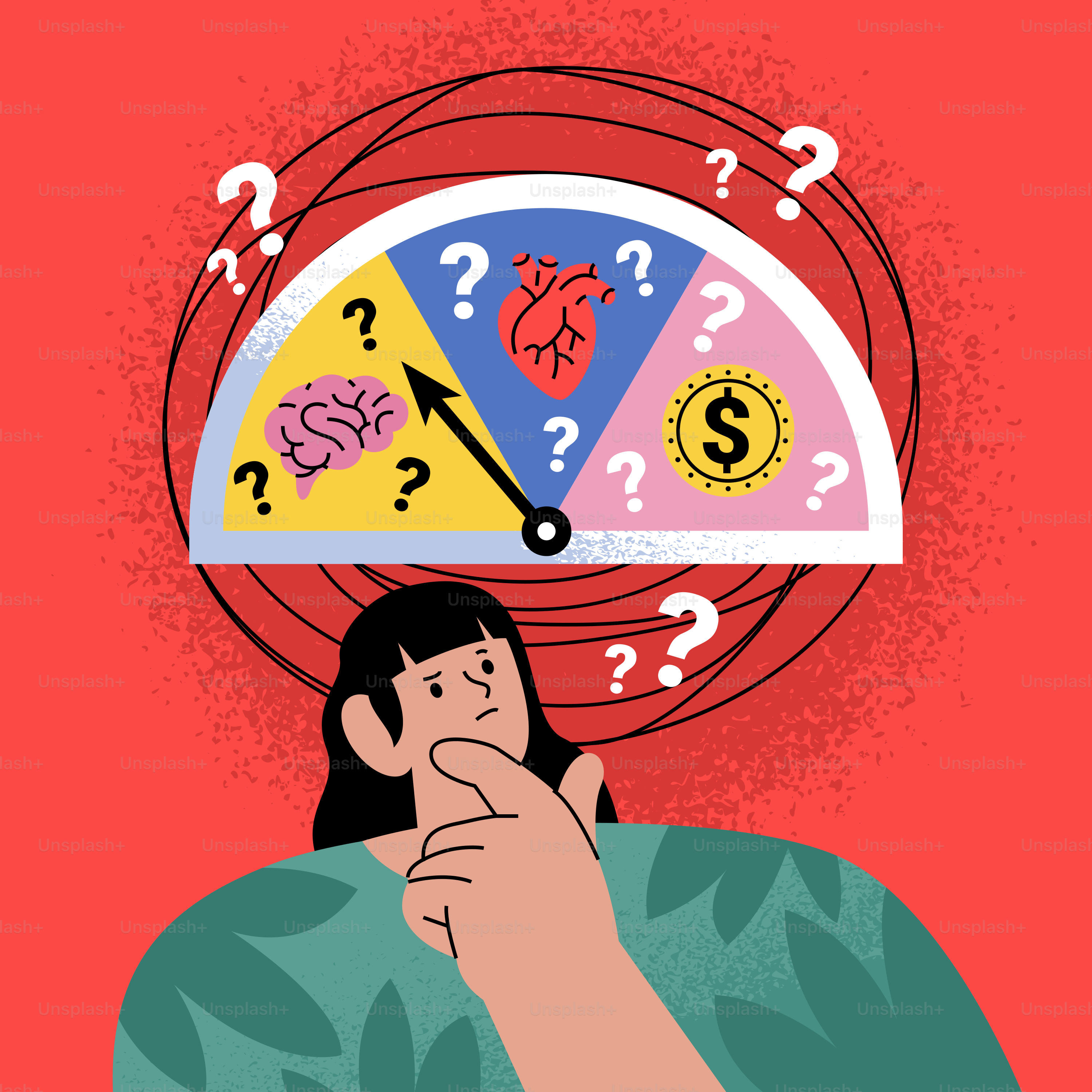 Mulher contemplando escolhas entre cérebro, coração e dinheiro.