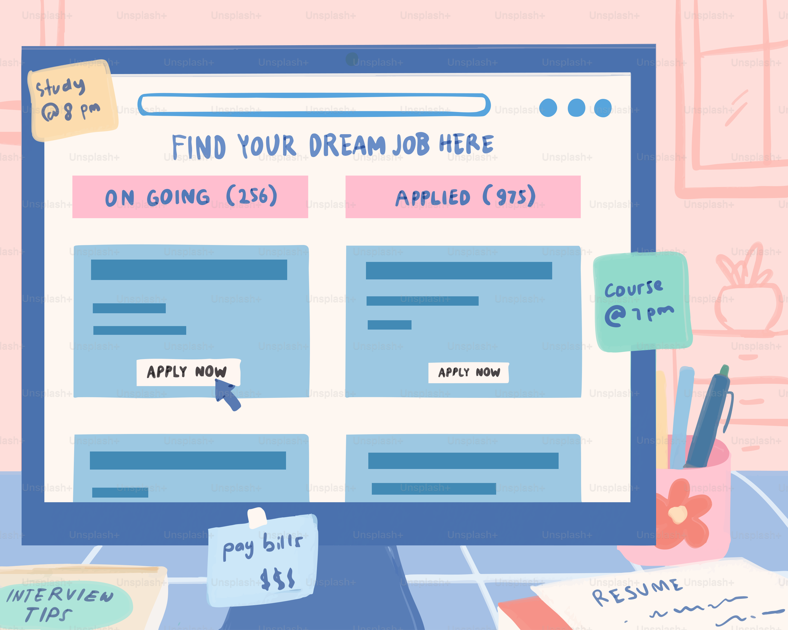 Computer screen shows job search website with 'apply now' buttons.