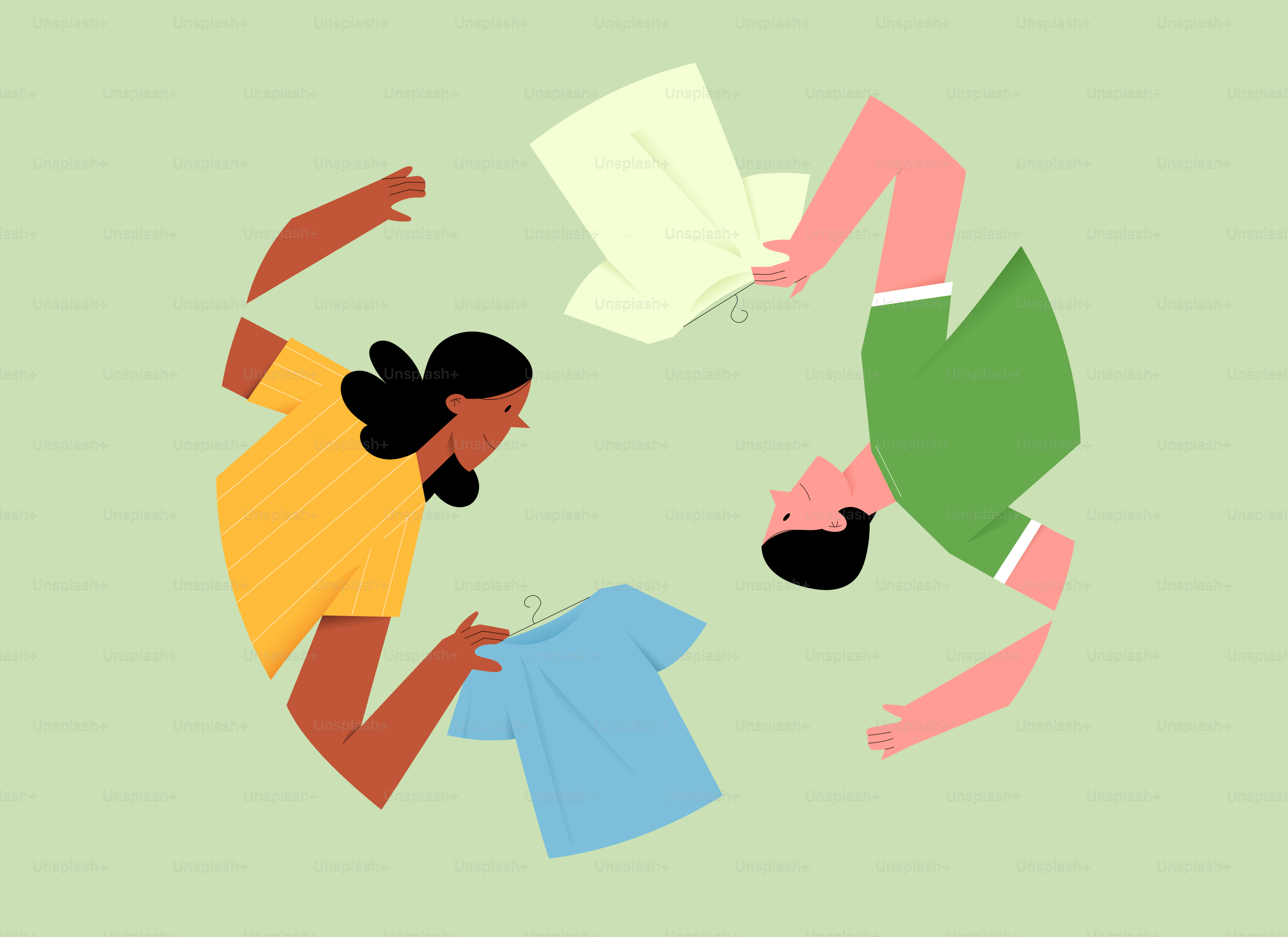 Two people sorting clothes in a circle.