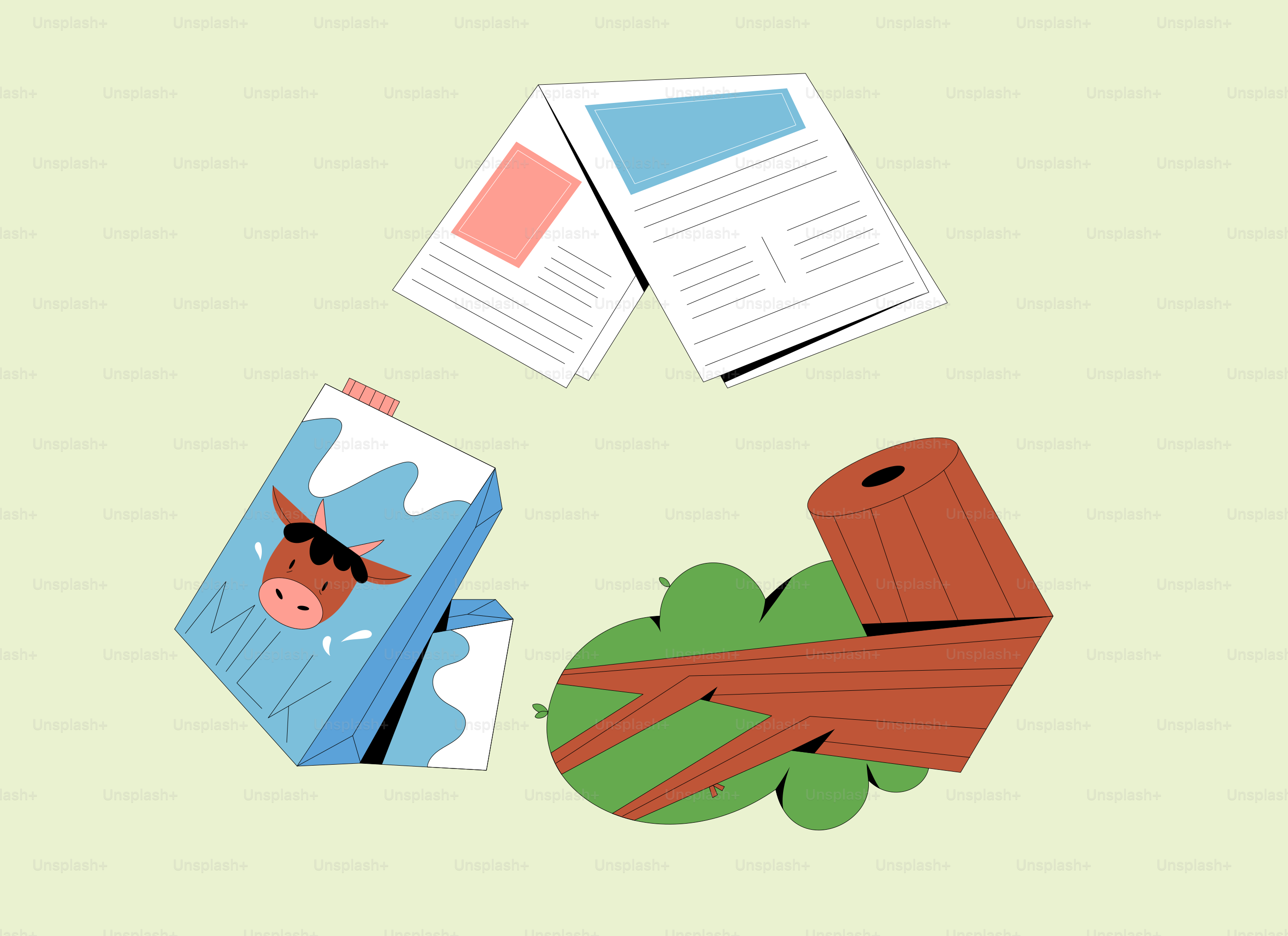 Recycling symbol with milk carton, watermelon, and paper.