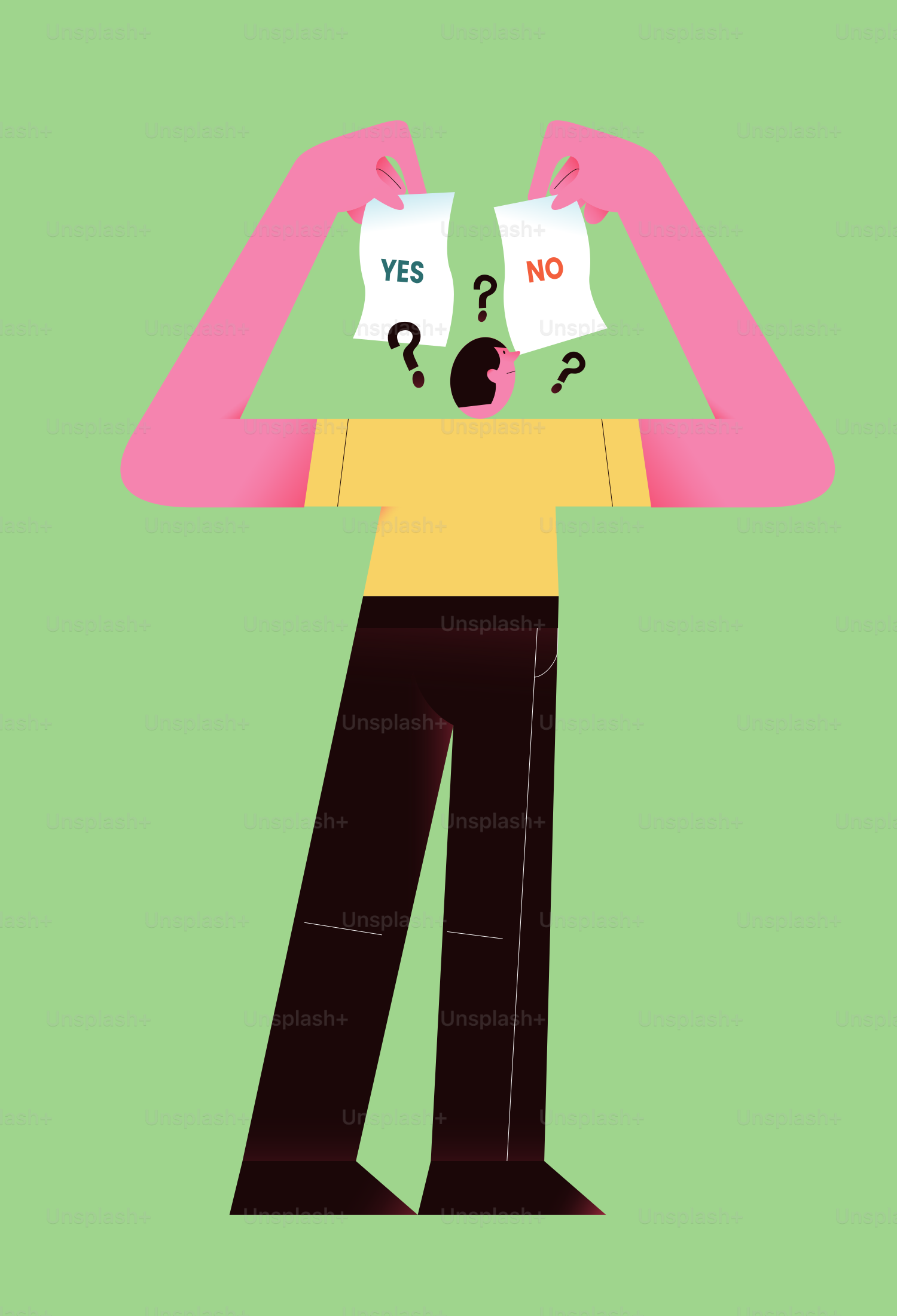 Une personne déchirant du papier avec des réponses oui et non.