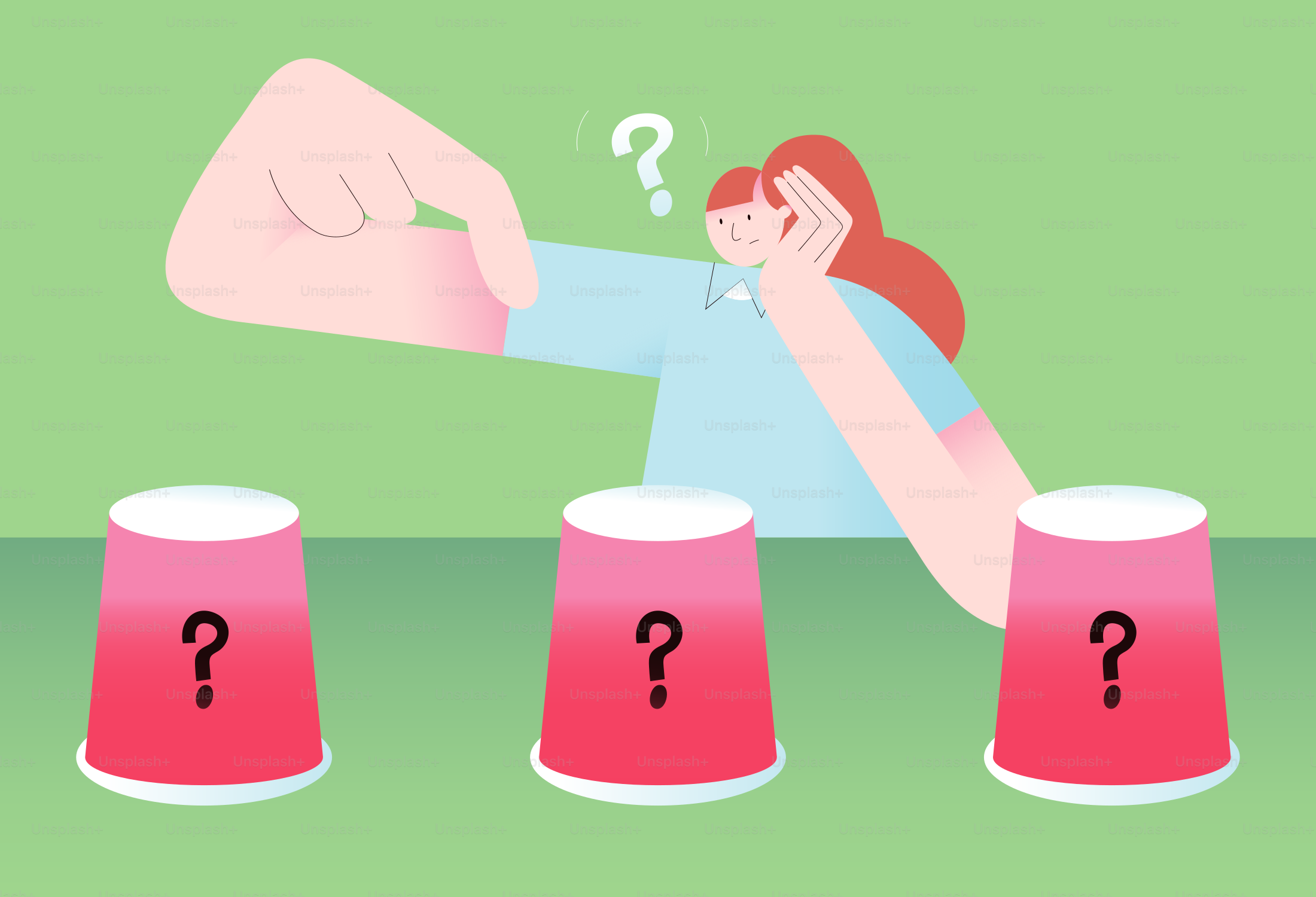 Mulher confusa por três copos com pontos de interrogação.