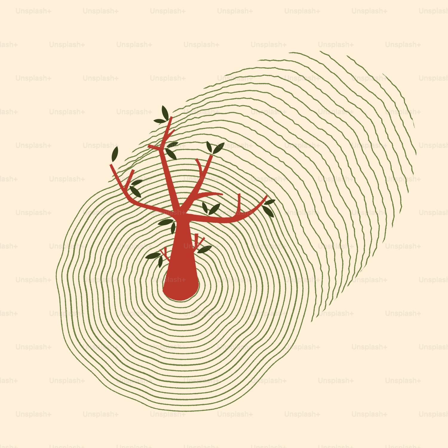 Árbol rojo creciendo de un tronco con anillos