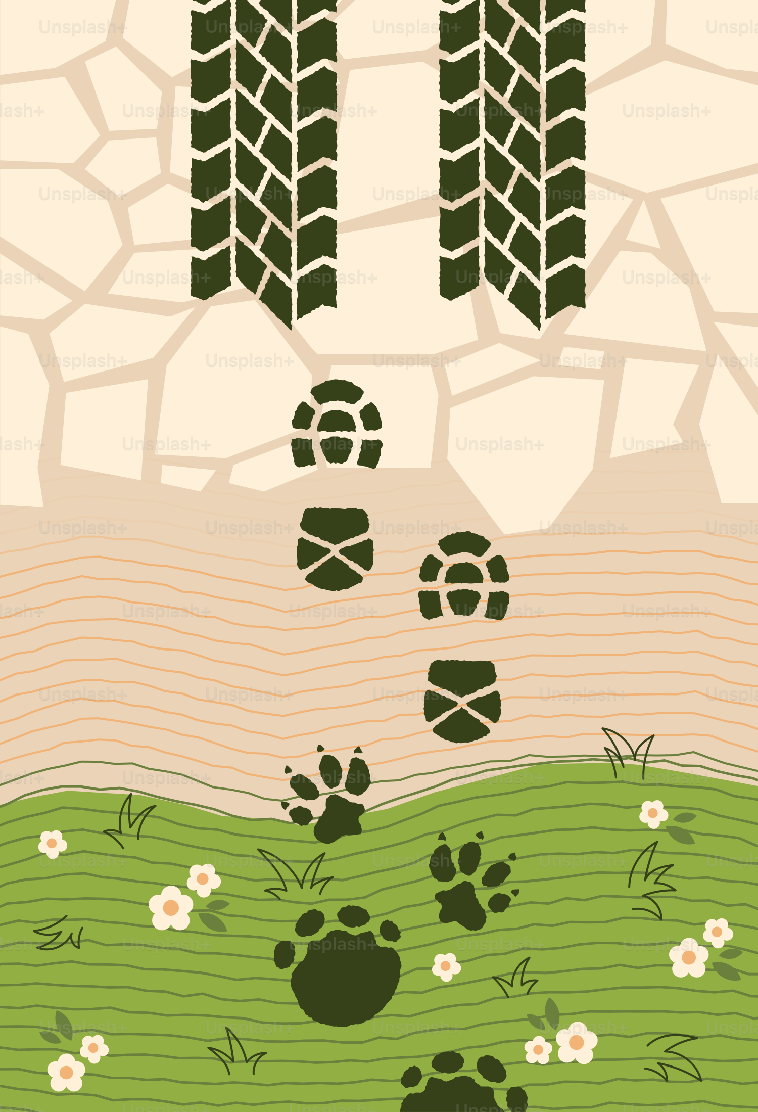 Tire tracks and animal paw prints on a path.