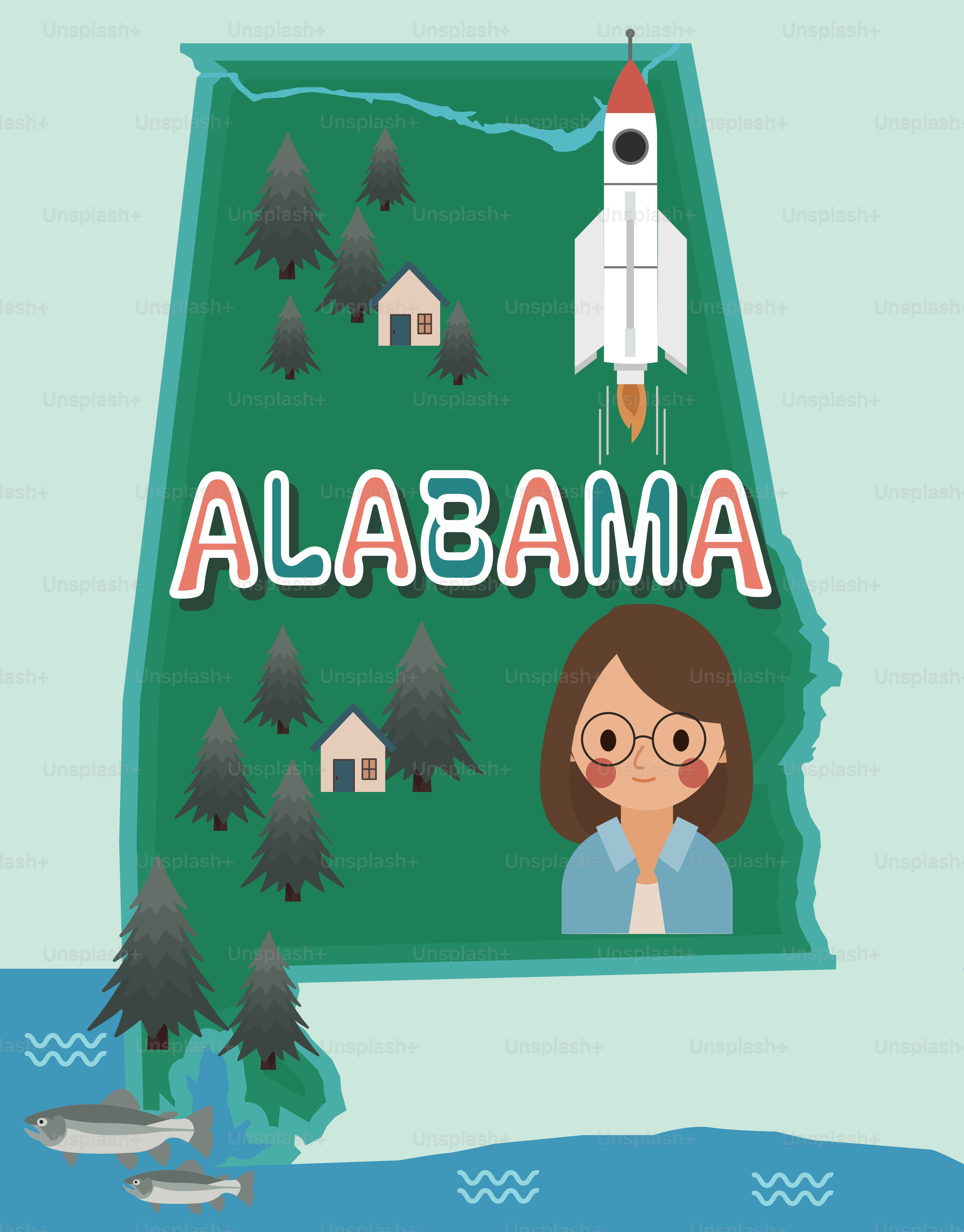 Carte de l’Alabama avec une fusée et une personne.