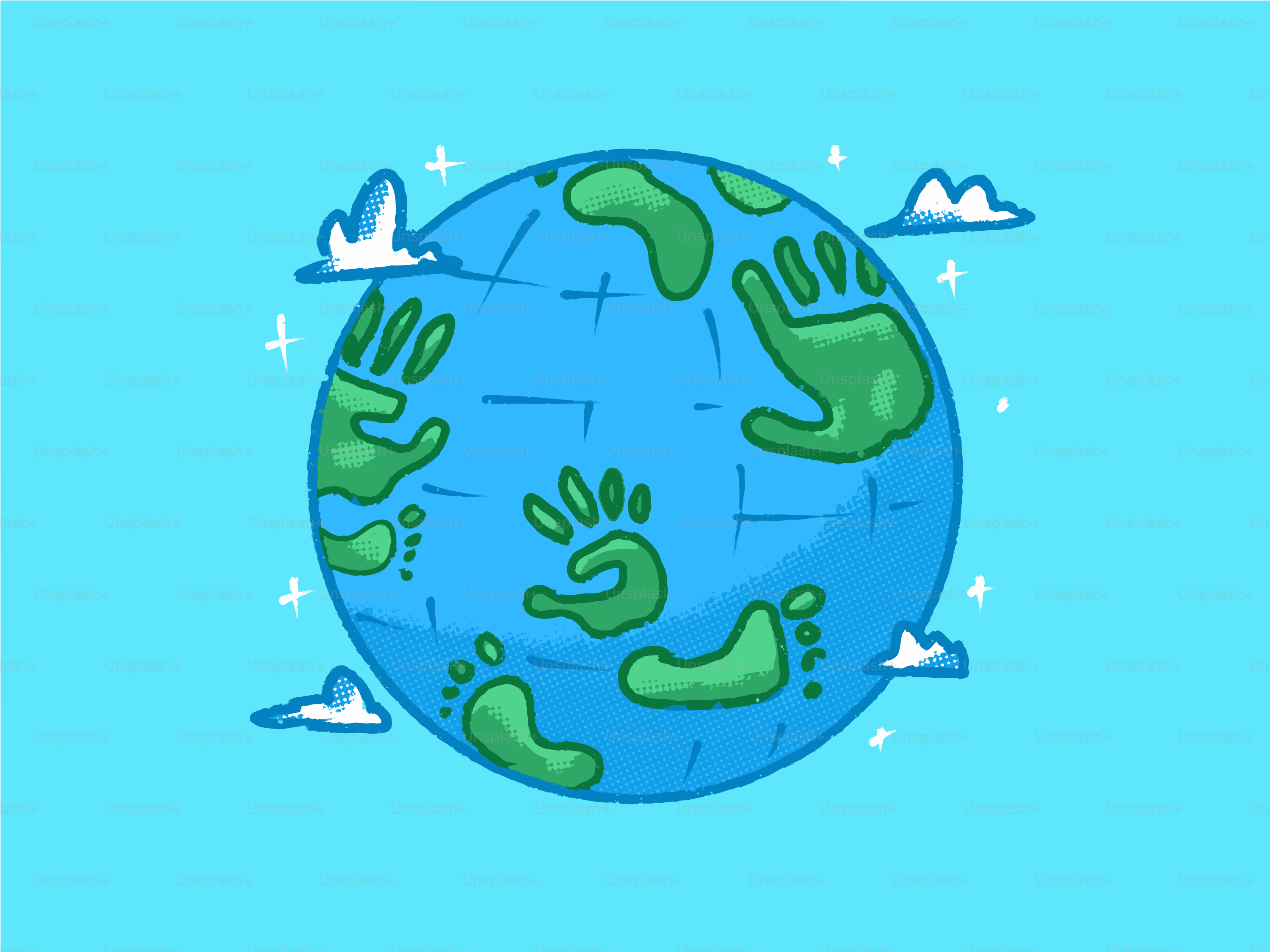 青い背景に手形と足跡のある地球