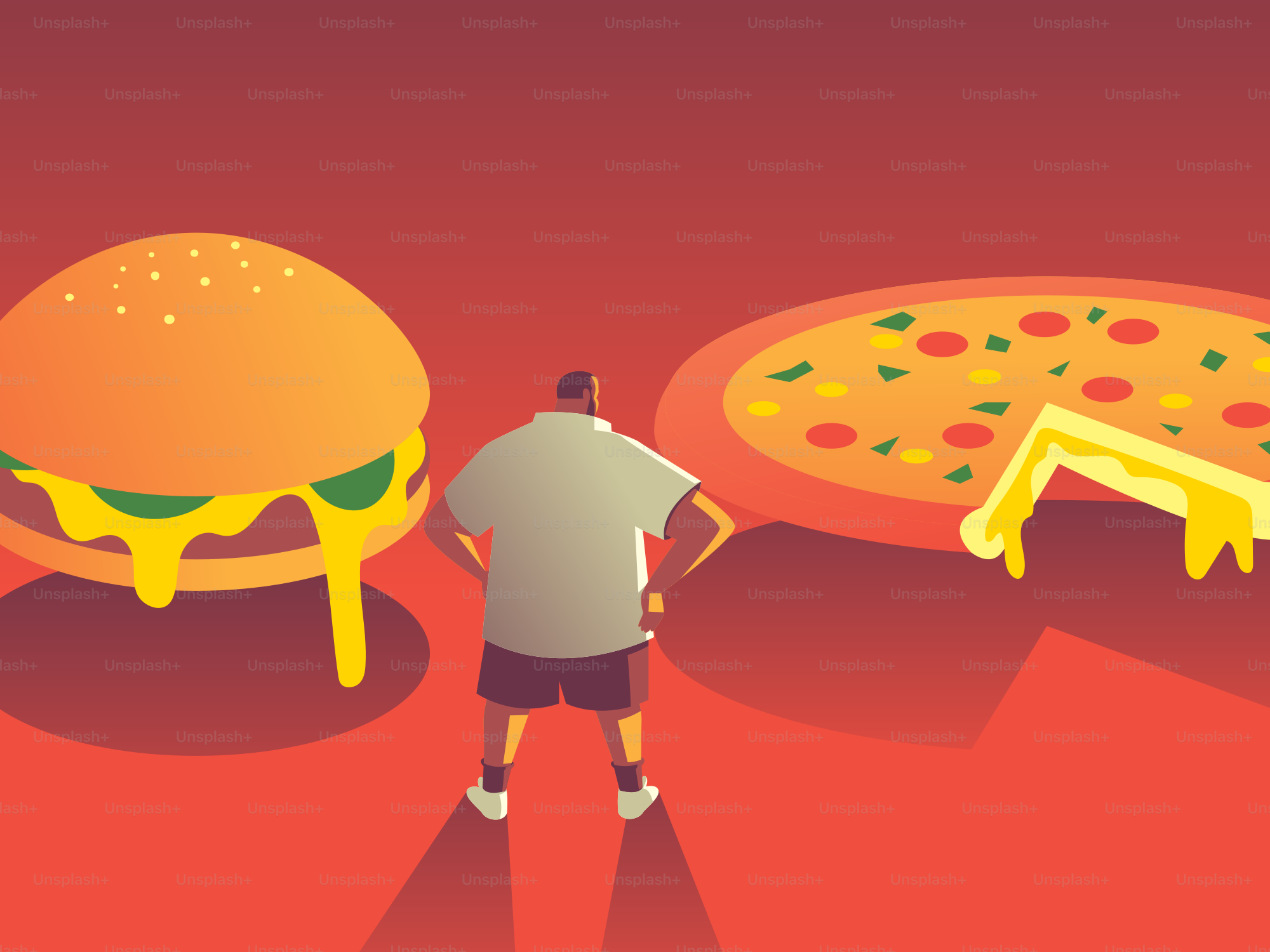 Homem escolhendo entre um hambúrguer e pizza