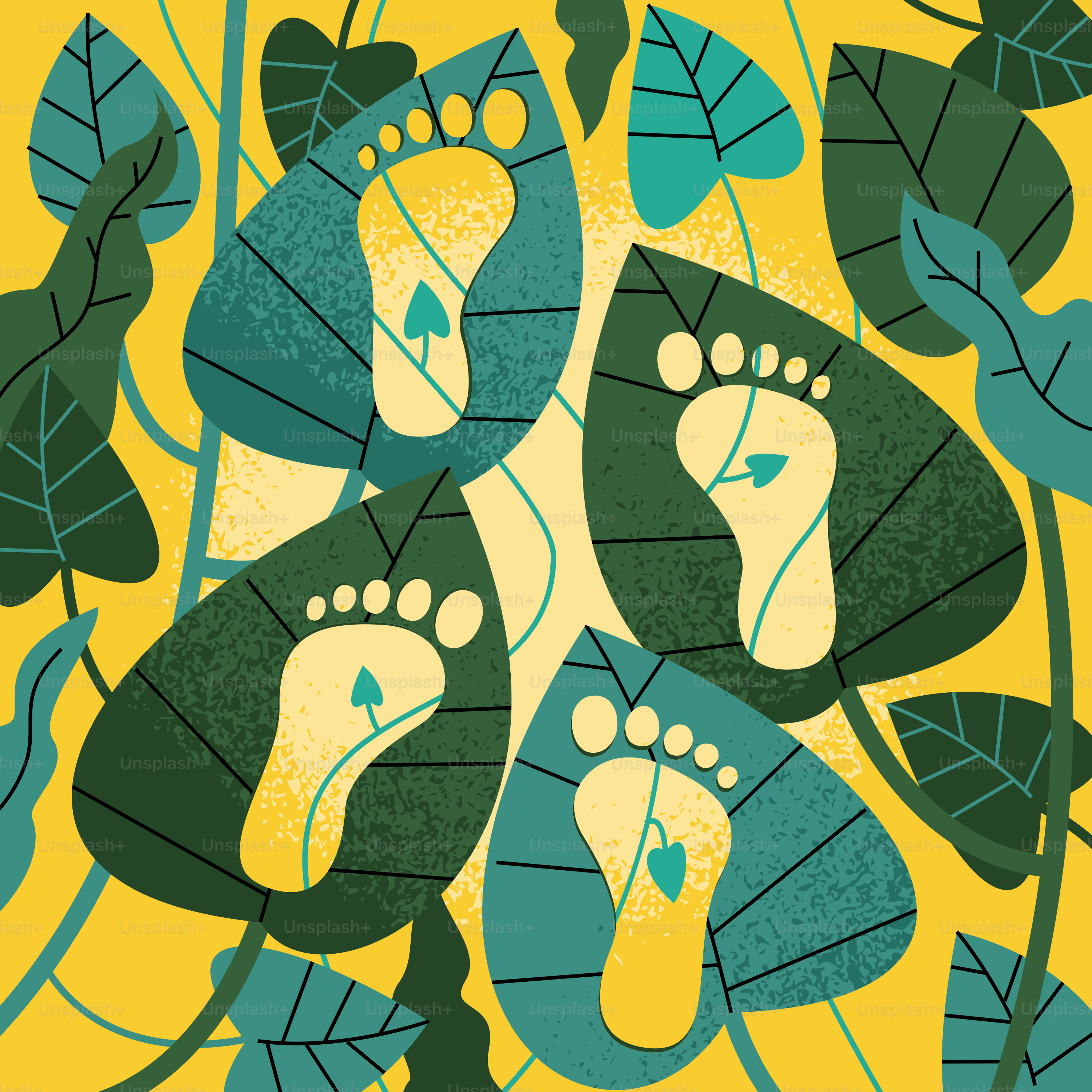 Footprints on leaves with arrows pointing inward