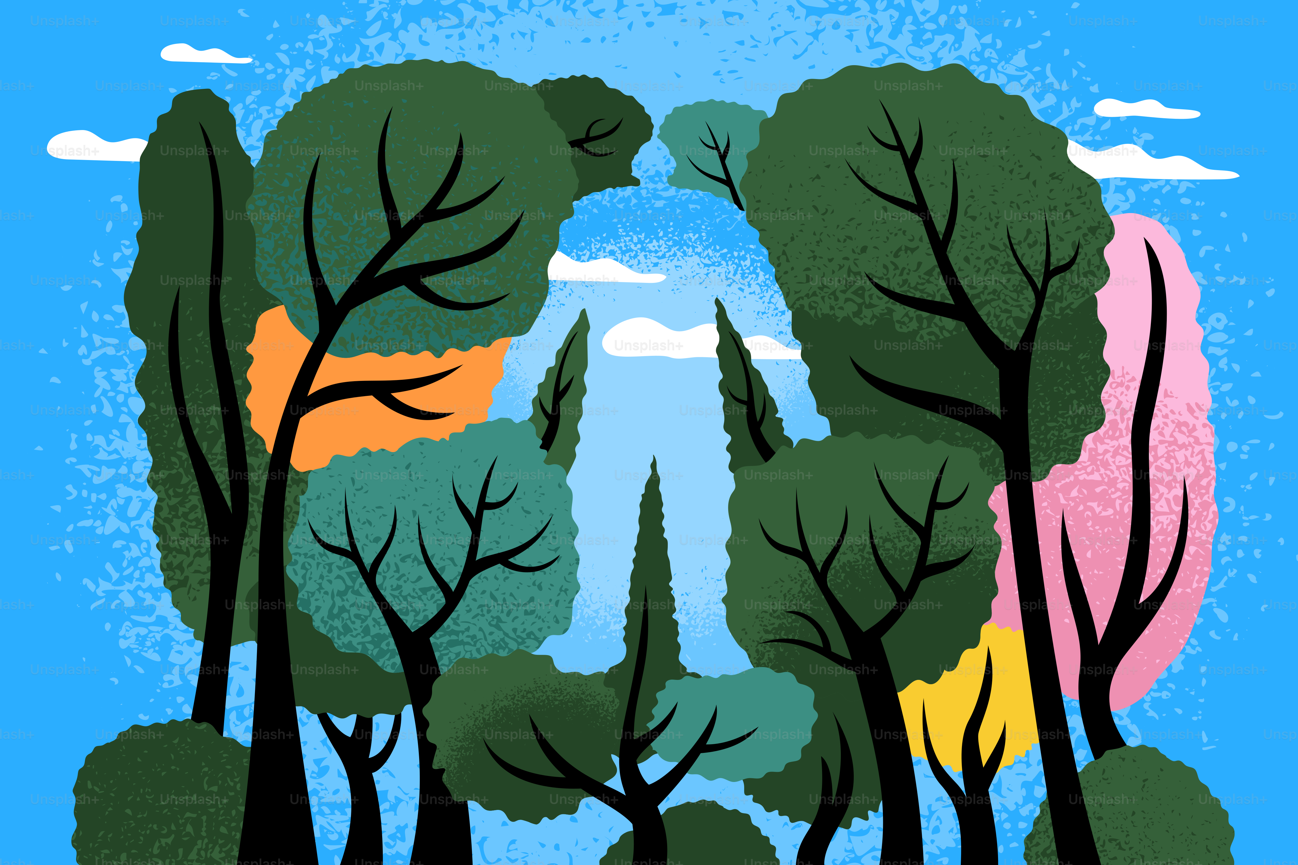 Forêt stylisée avec des arbres colorés sur un ciel bleu.
