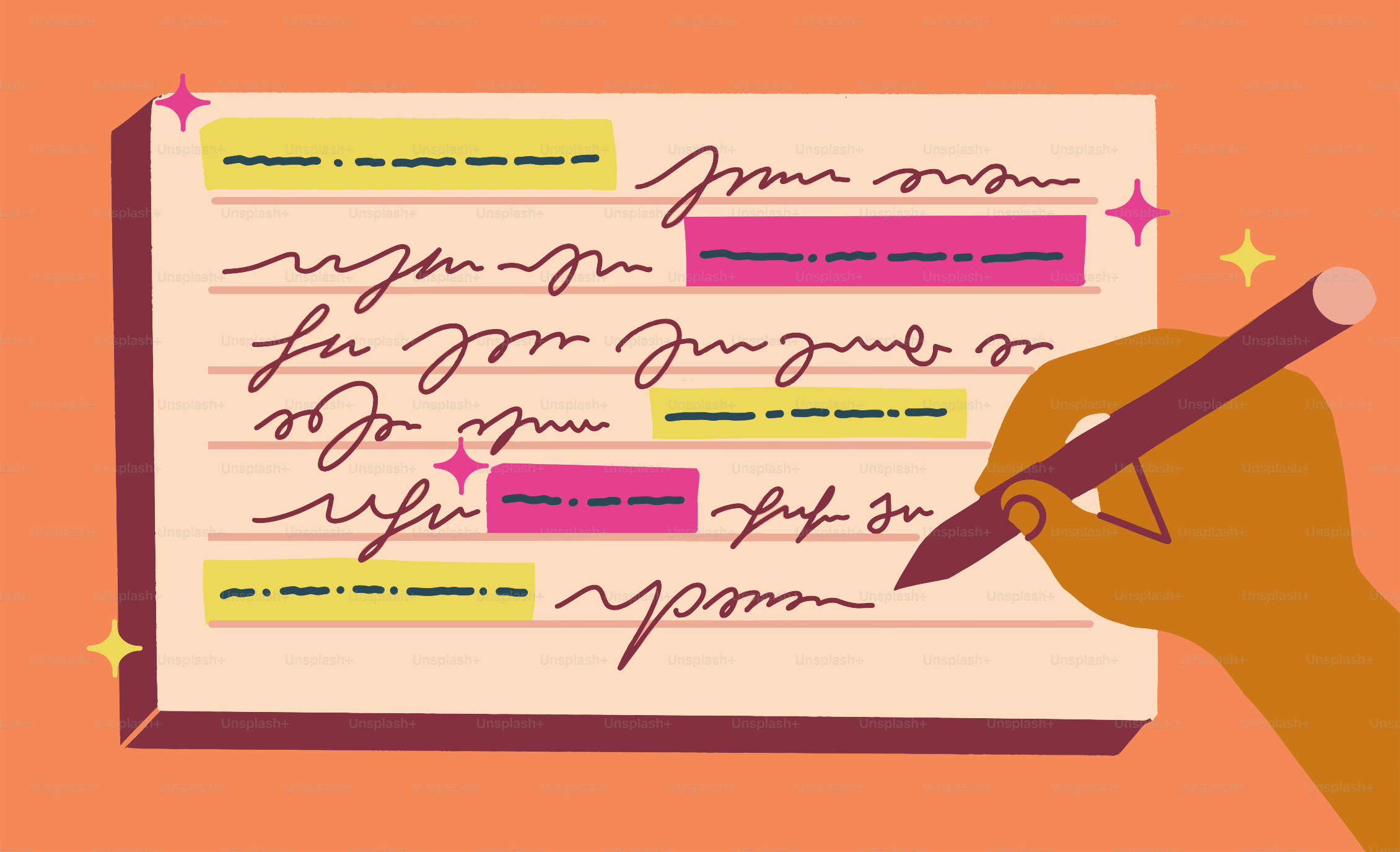 Écriture manuscrite sur papier avec texte surligné