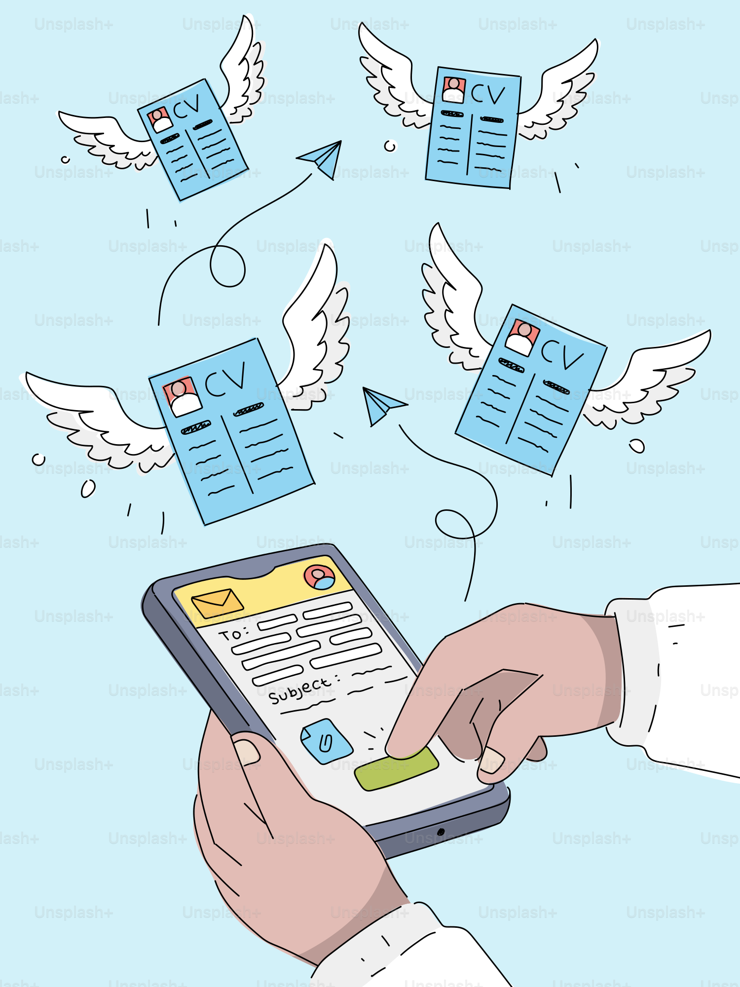 CVS che volano da uno schermo telefonico con aerei di carta