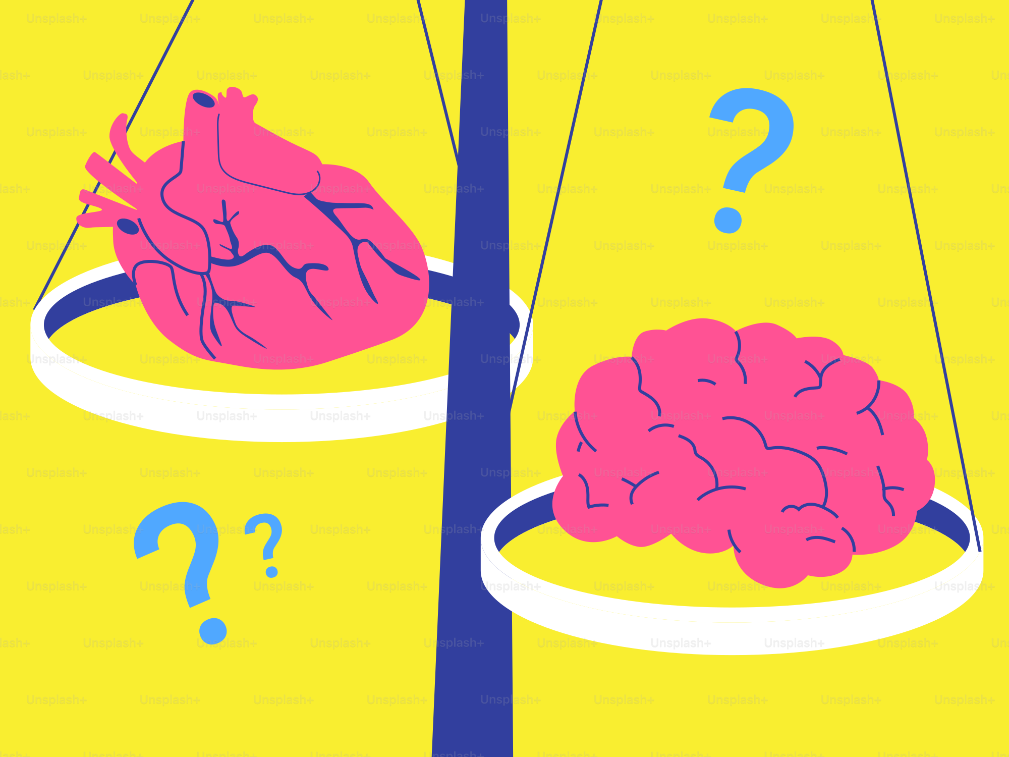 Corazón y cerebro en una escala con signos de interrogación.