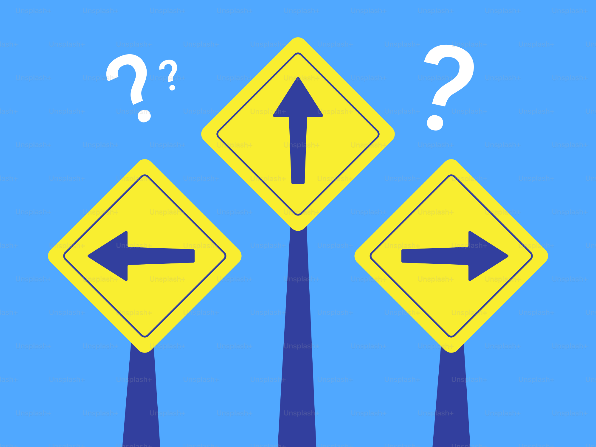 Tres señales direccionales con signos de interrogación