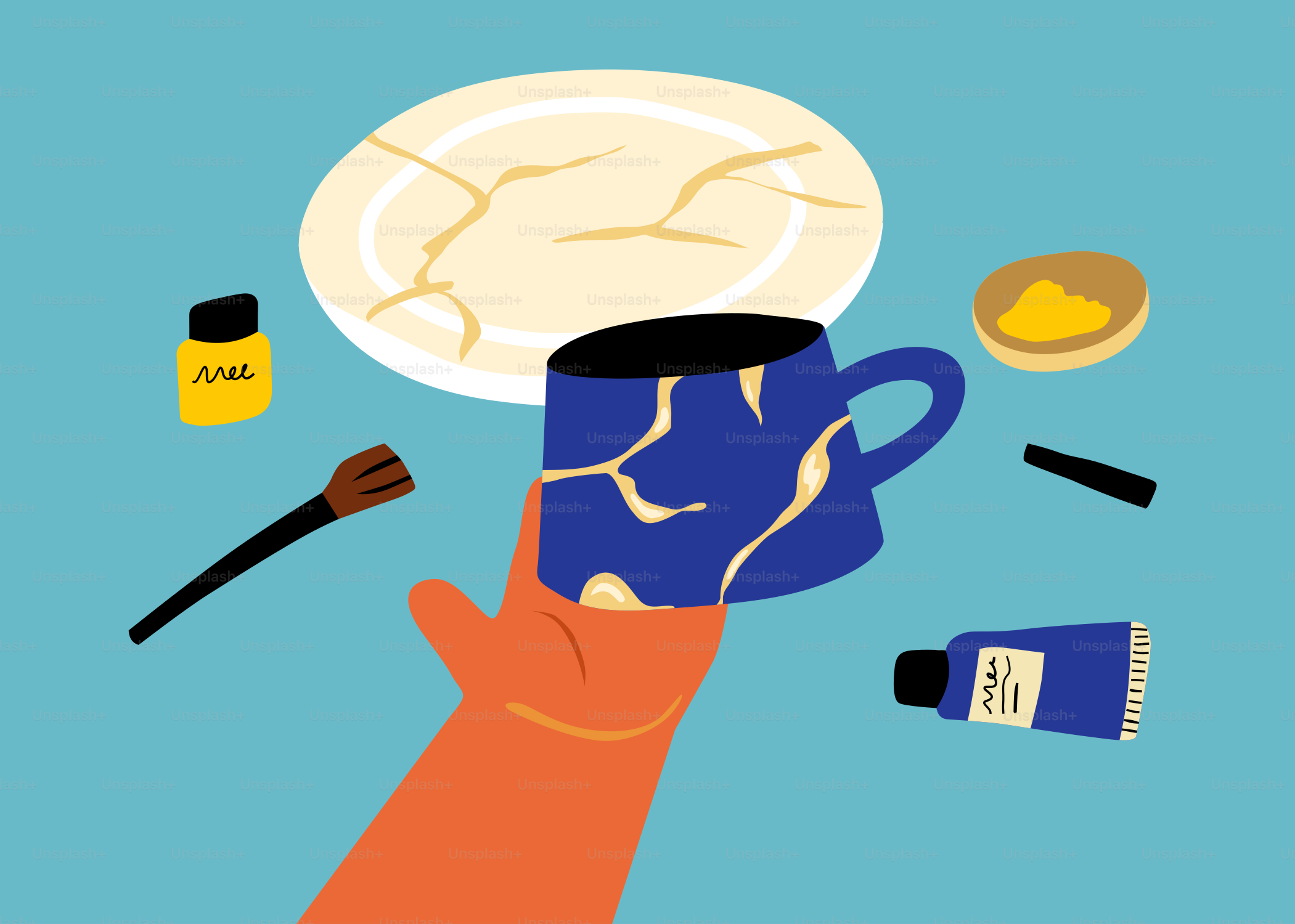 Hand holding a blue mug with gold repairs